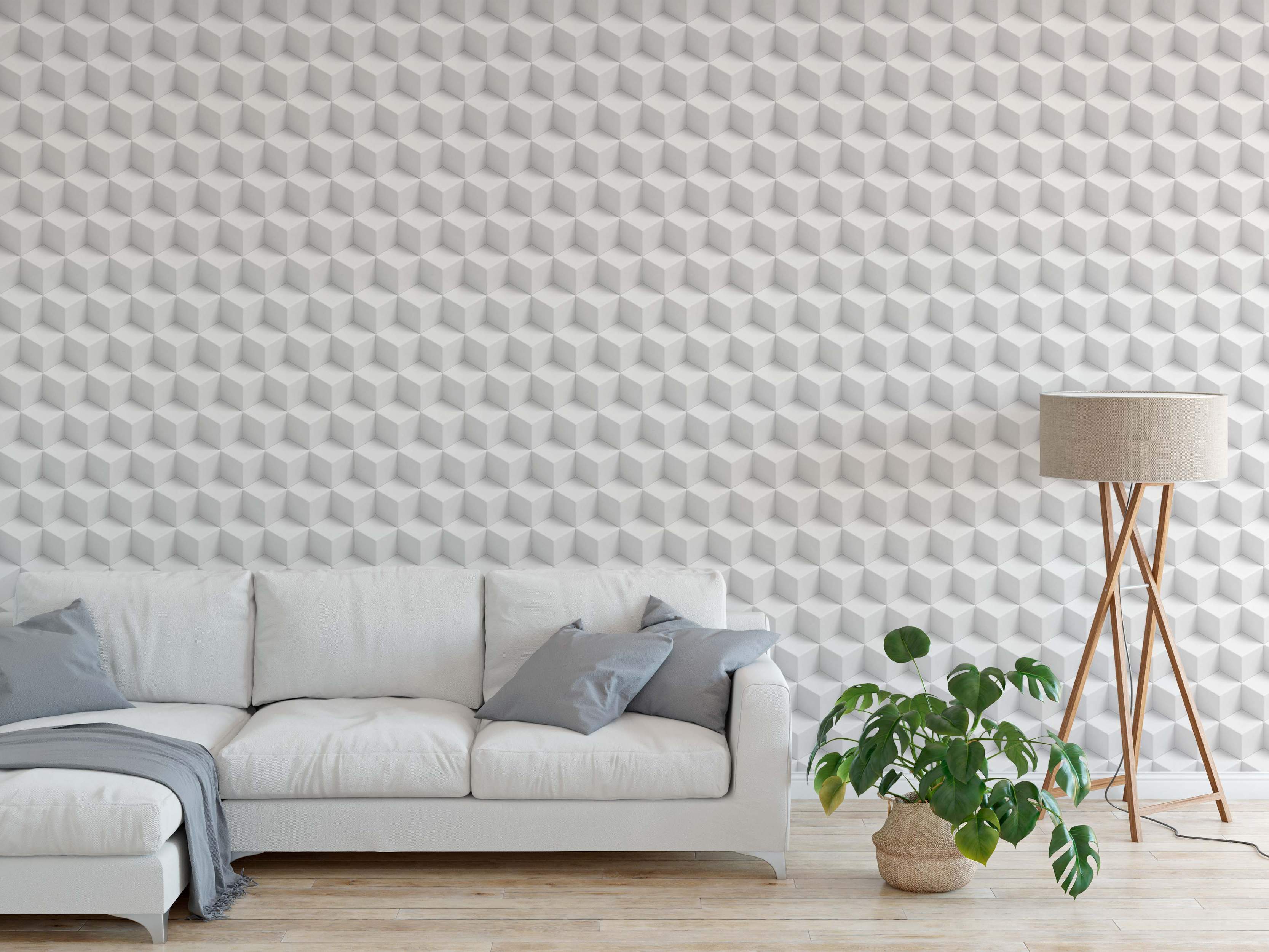 Wallpaper showcasing a repeating pattern of interlocking 3D white cubes, creating a geometric optical illusion.