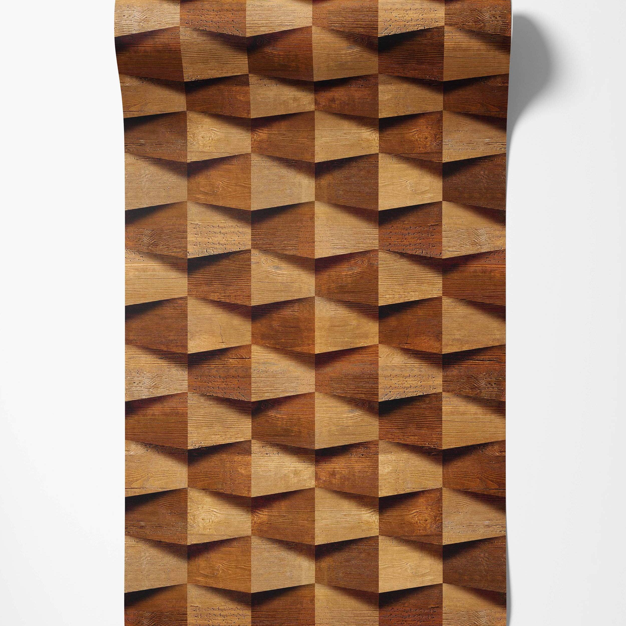 Wallpaper featuring a repeating geometric pattern of 3D wood-textured blocks in varying shades of brown creating an optical illusion.