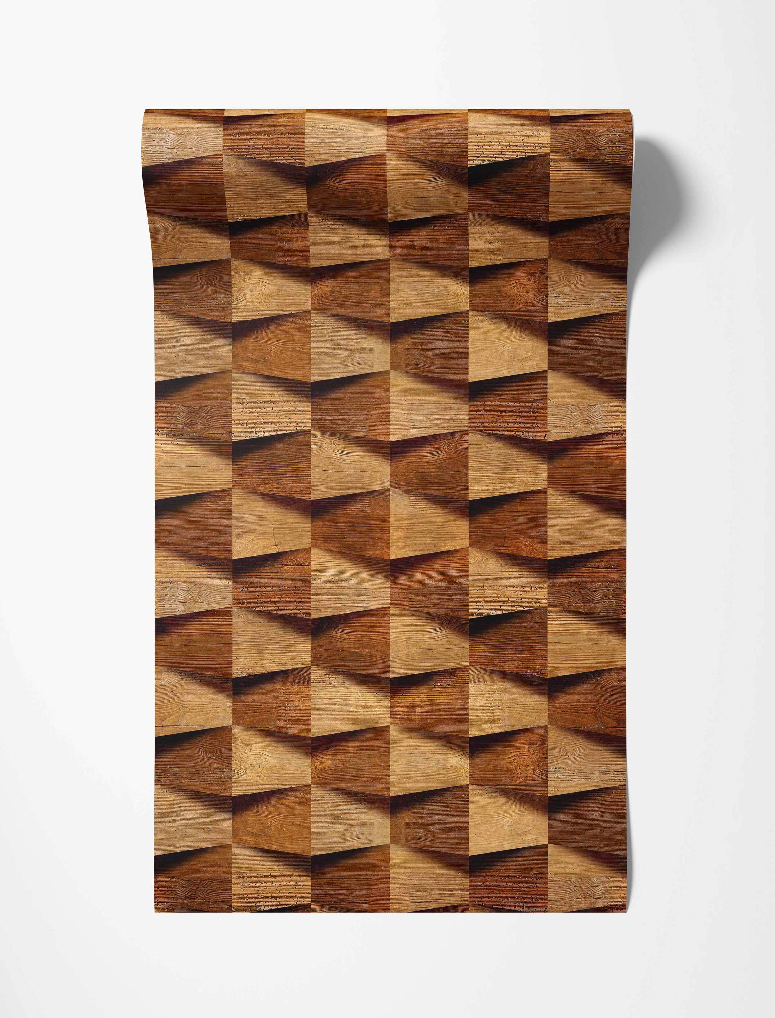 Wallpaper featuring a repeating geometric pattern of 3D wood-textured blocks in varying shades of brown creating an optical illusion.