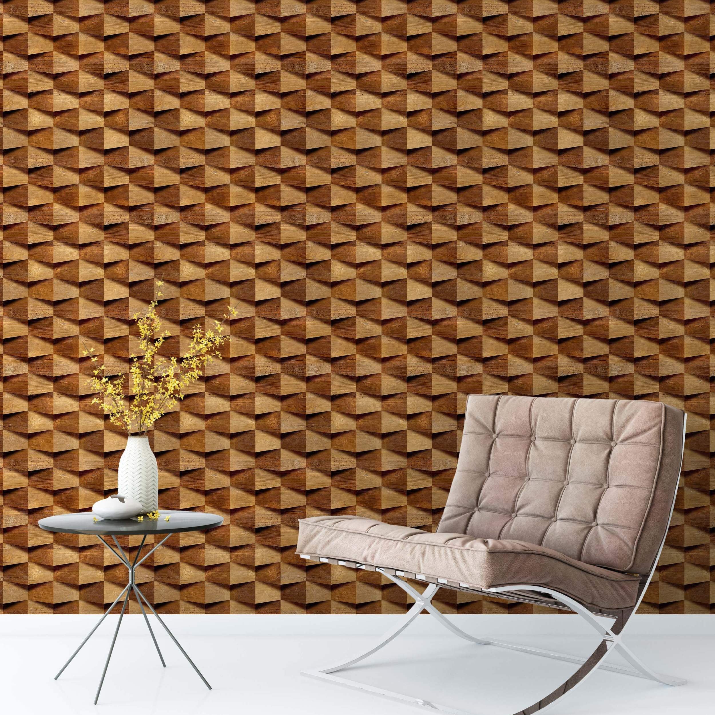 Wallpaper featuring a repeating 3D geometric pattern of brown and tan wood blocks, creating a textured optical illusion.