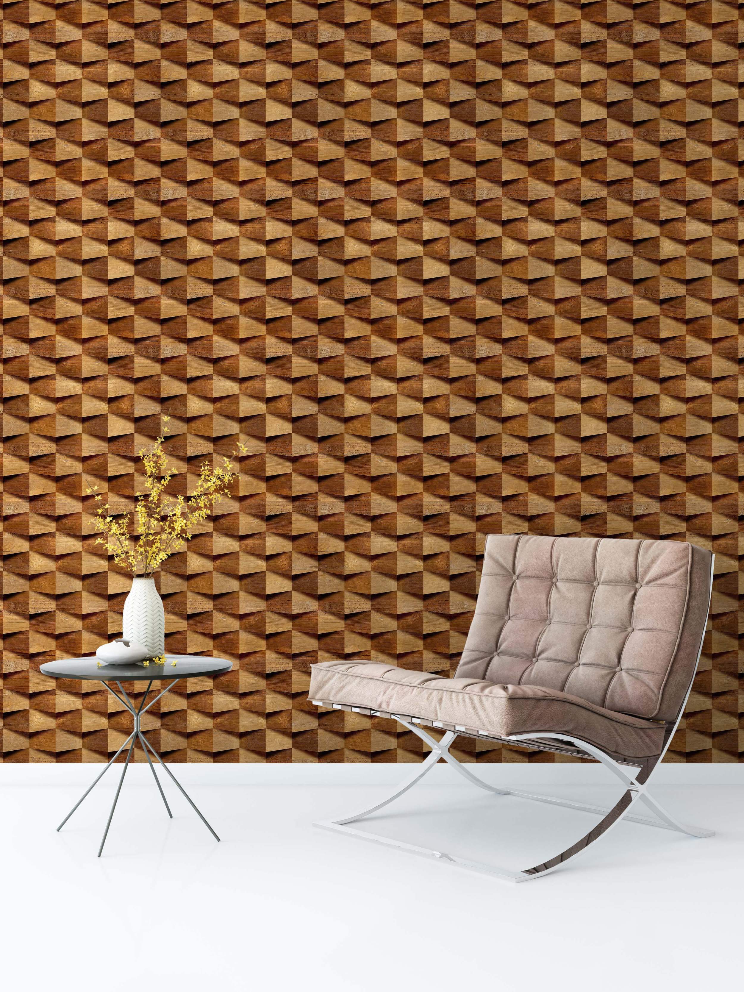Wallpaper featuring a repeating 3D geometric pattern of brown and tan wood blocks, creating a textured optical illusion.