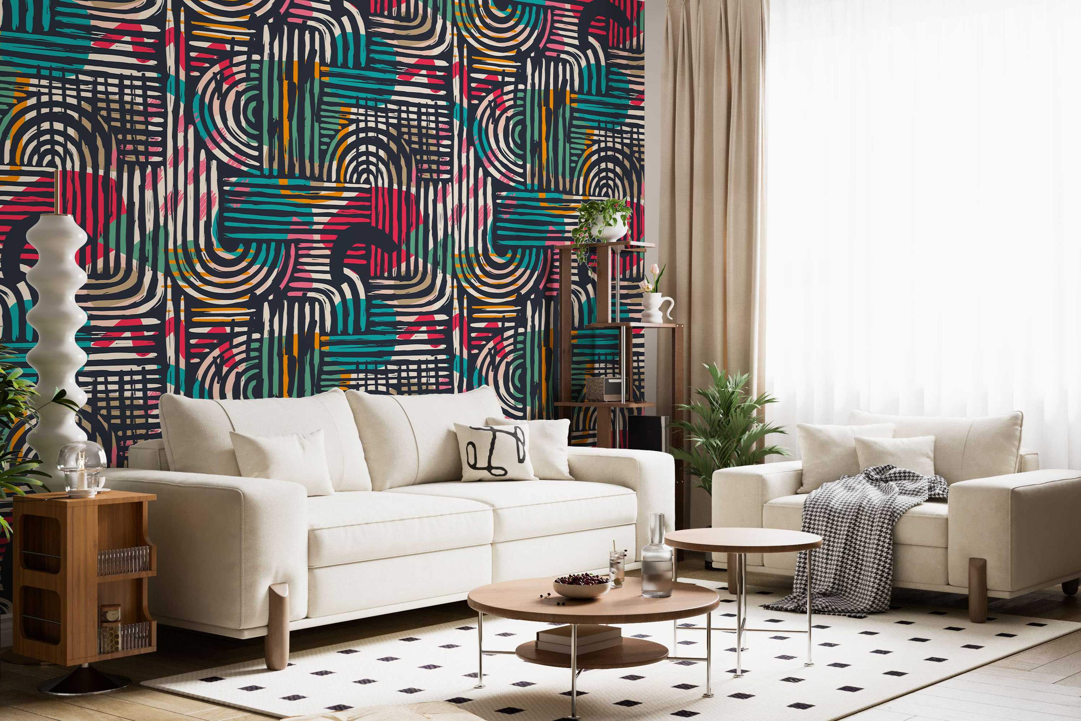Abstract wallpaper featuring overlapping brushstroke arches, lines, and grids in teal, red, orange, and beige on a dark background.