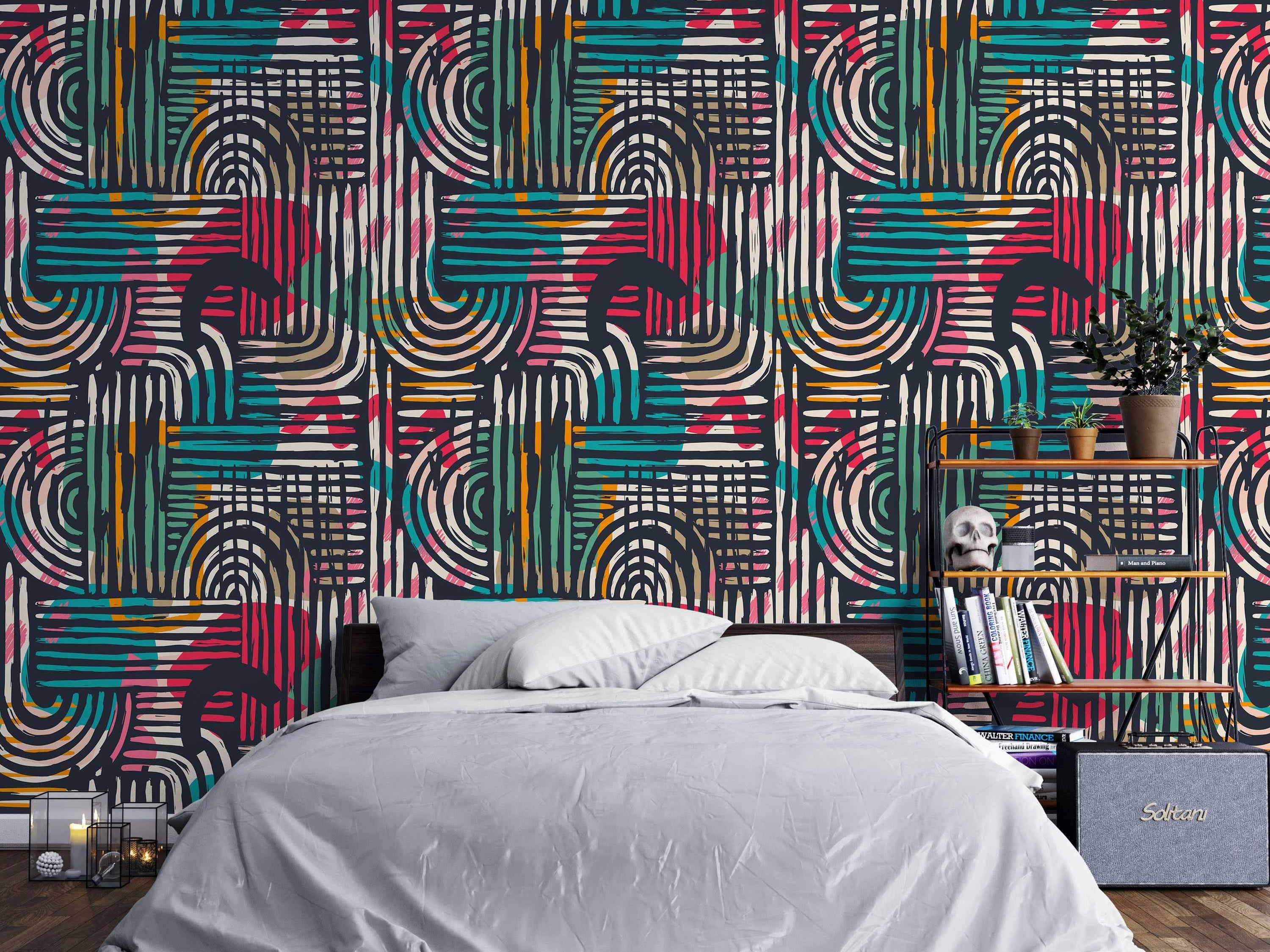 Abstract wallpaper with hand-drawn style arcs and lines in teal, red, orange, and cream layered over a dark background.