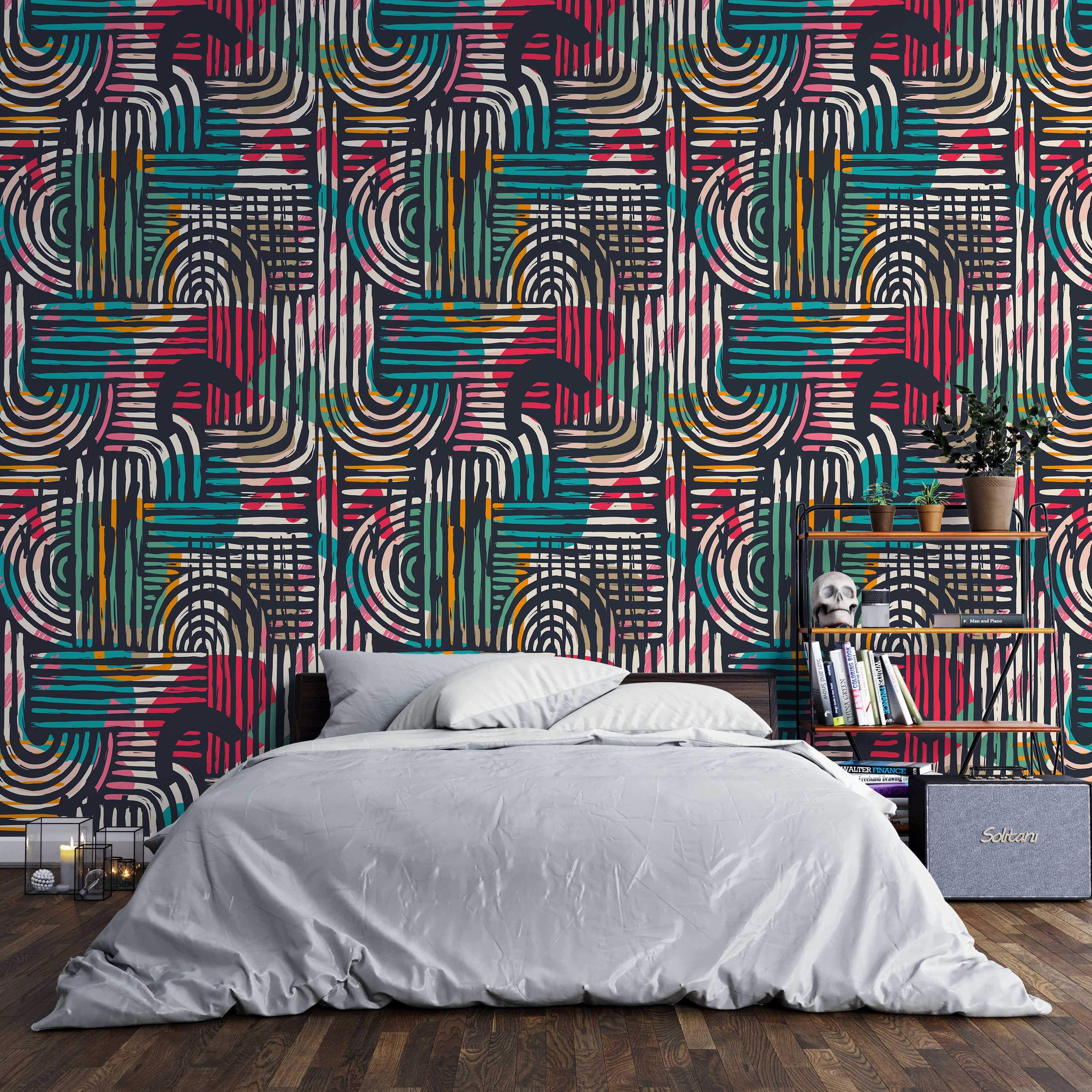 Abstract wallpaper with hand-drawn style arcs and lines in teal, red, orange, and cream layered over a dark background.