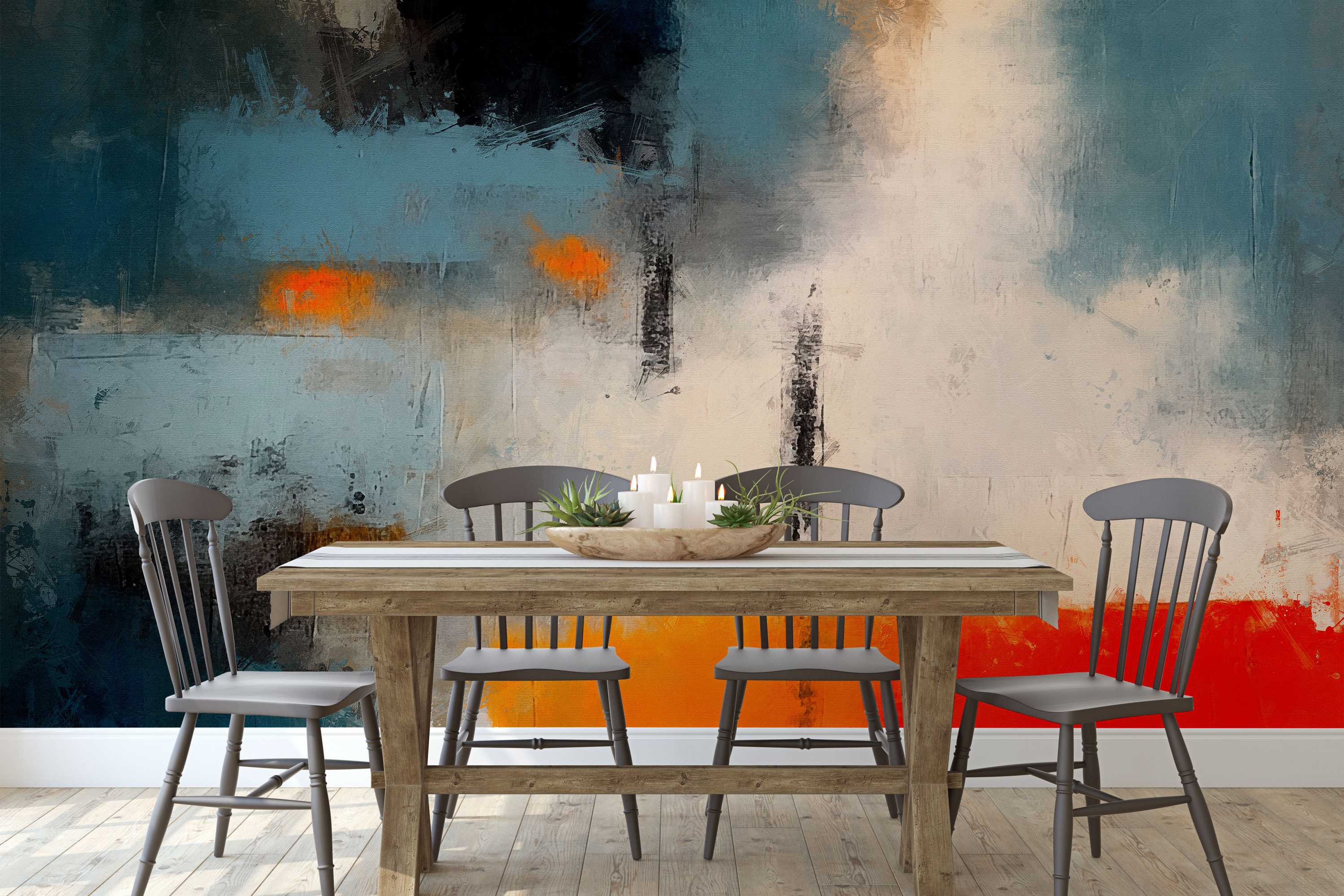 Abstract mural design featuring textured blocks of blue, black, white, and beige, with pops of orange and a bold red base.