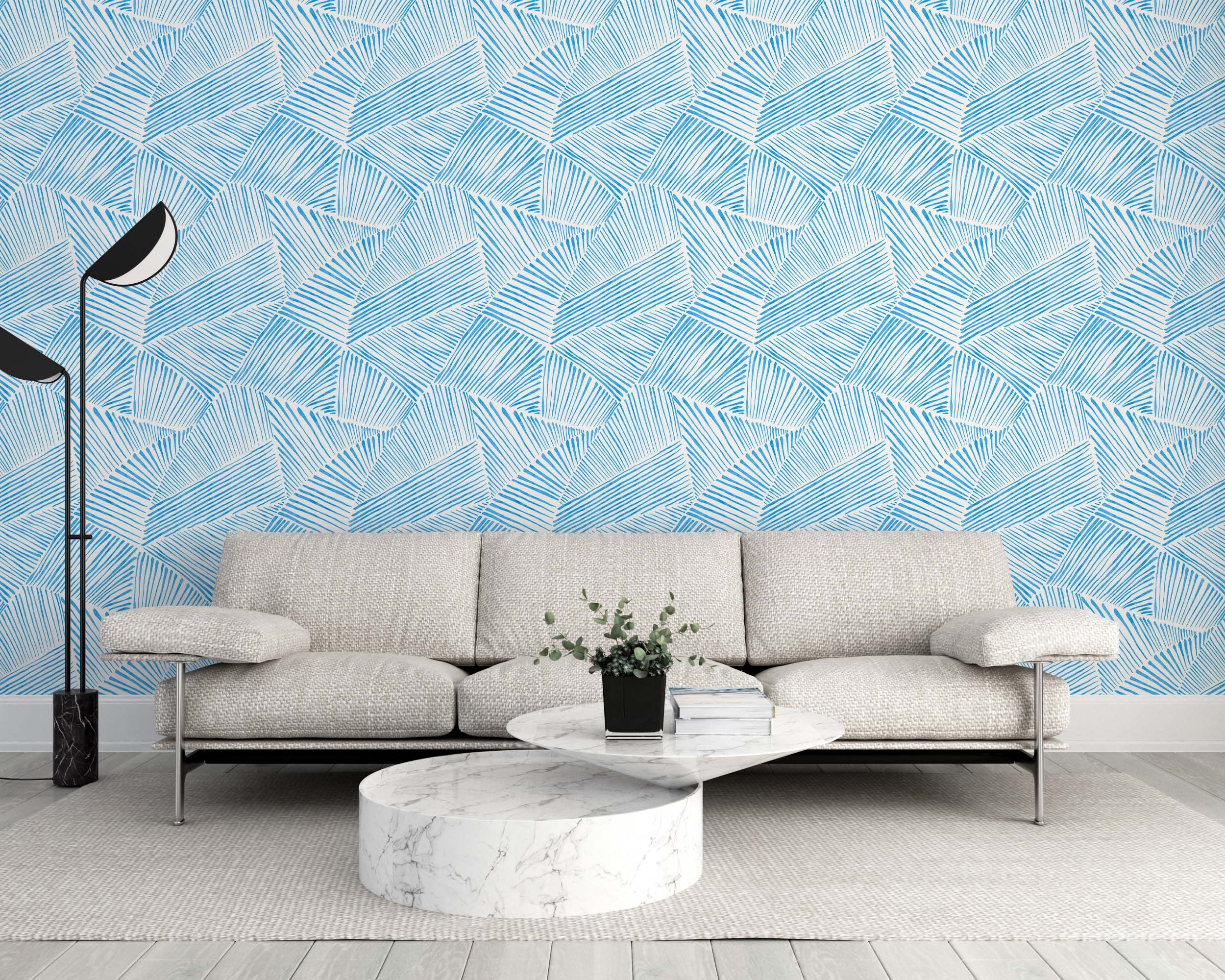 Wallpaper with a repeating abstract pattern of fan-like segments, filled with sketchy blue parallel lines on a white background.