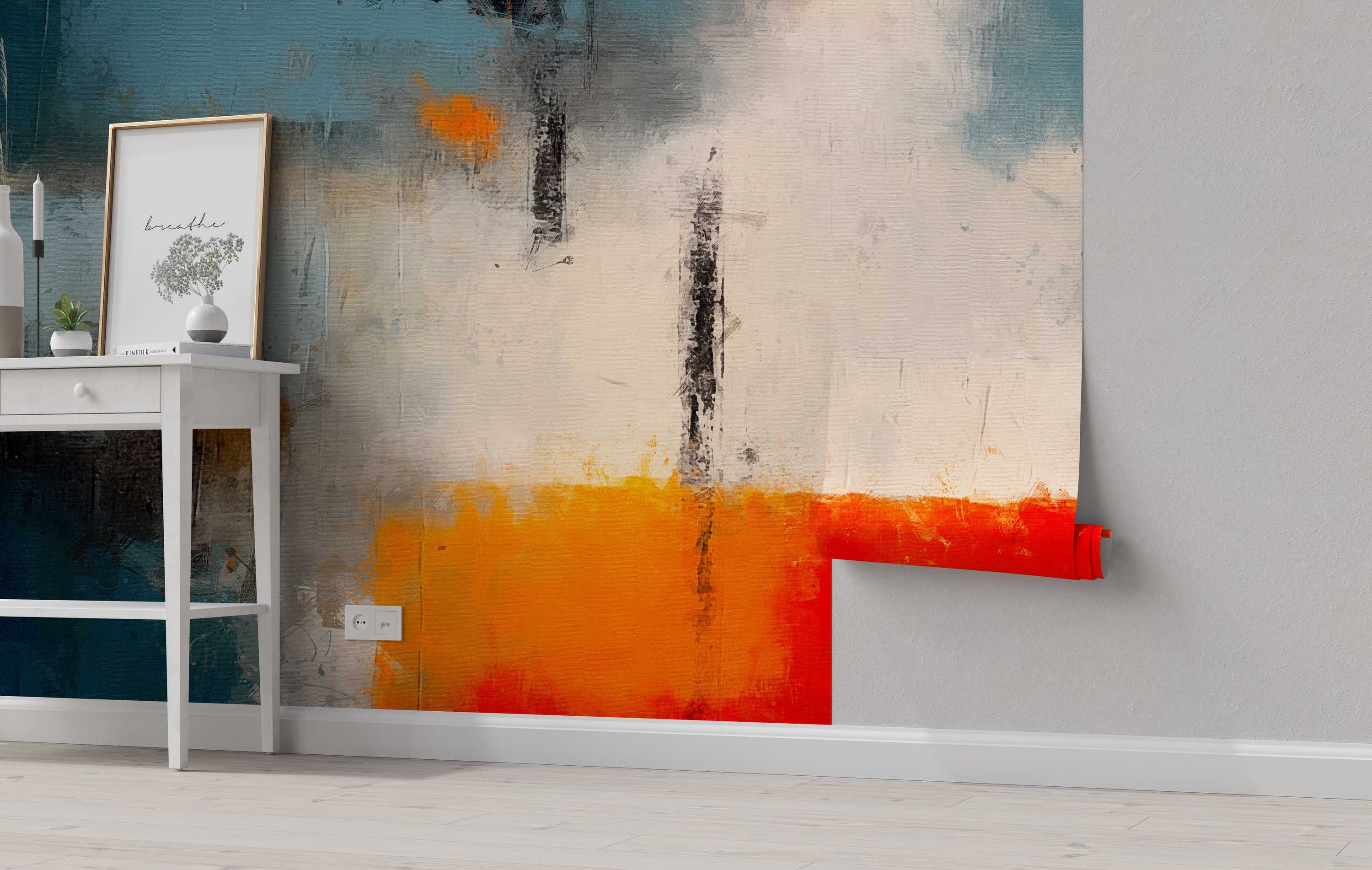 Abstract mural featuring textured brushstrokes in blue-teal, cream, black, and a bold orange-red lower section.