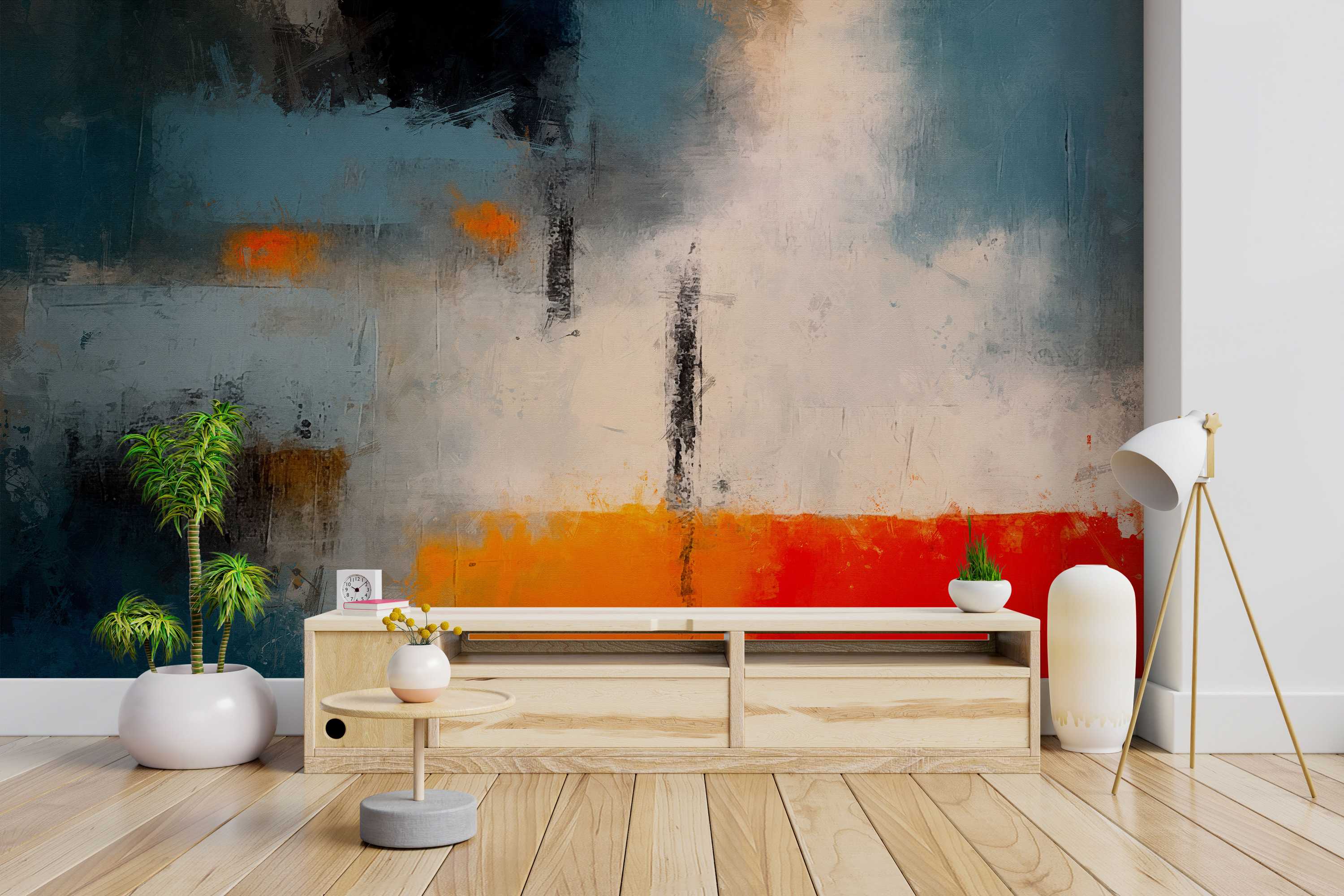 Abstract mural featuring broad brush strokes in blue, gray, beige, and black, with a prominent orange-red band at the base.