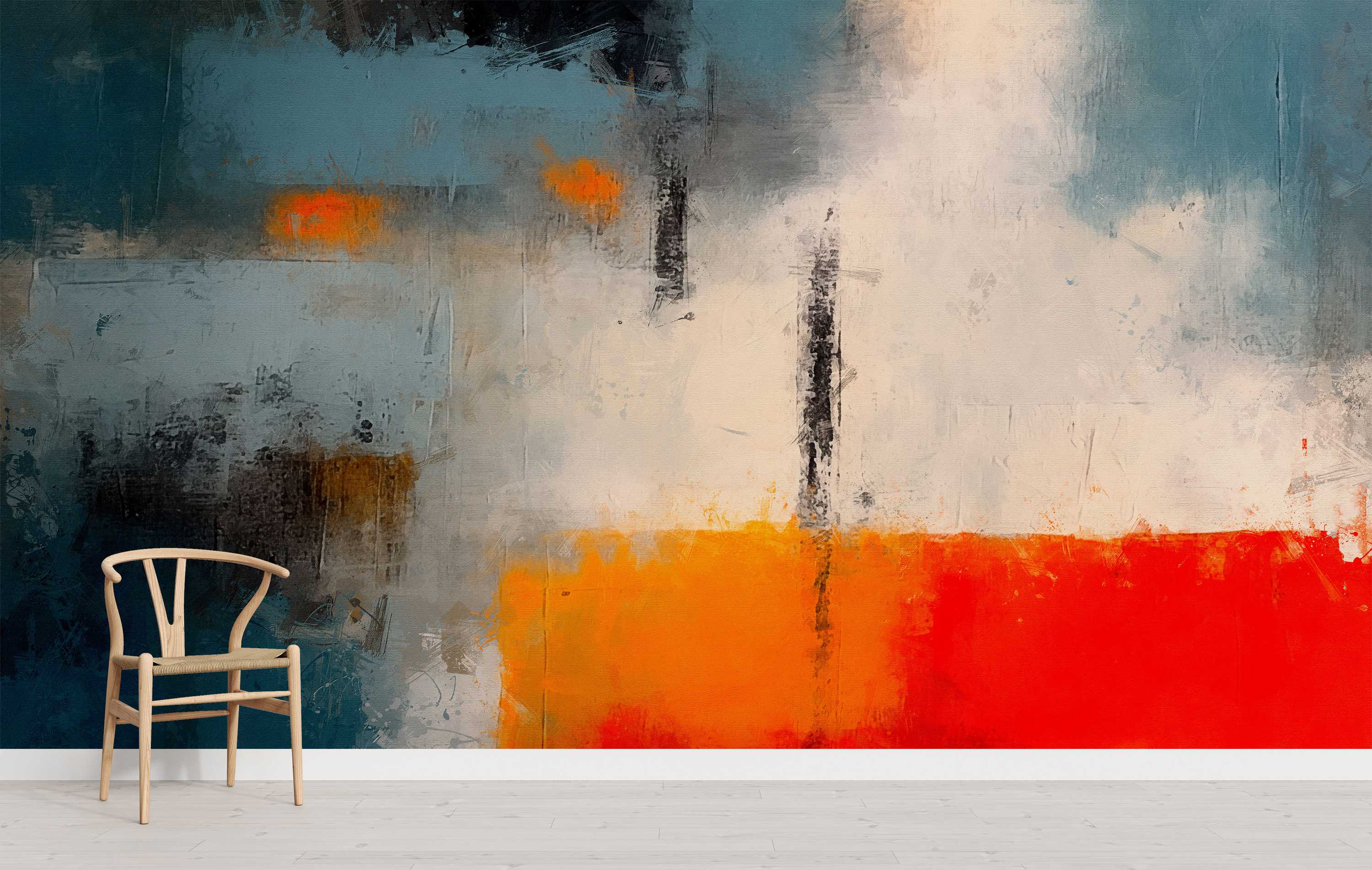 Abstract mural with textured blocks of teal, off-white, orange, and red paint, featuring visible brushstrokes and black accents.