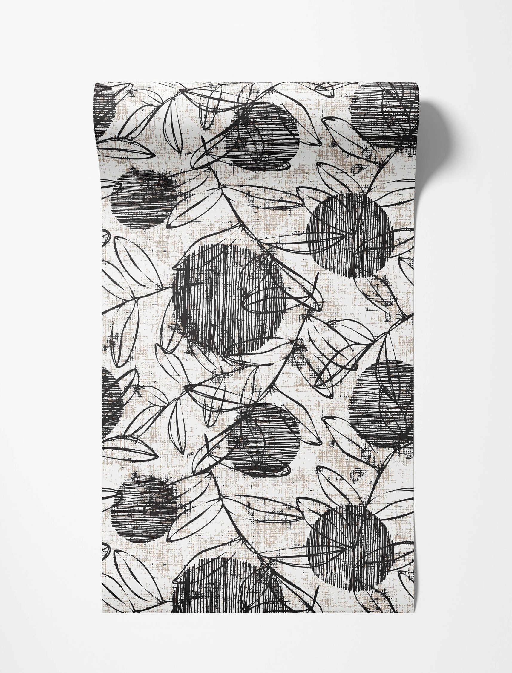 Abstract botanical wallpaper with sketchy black lines forming leaves and textured circles on a distressed beige background.