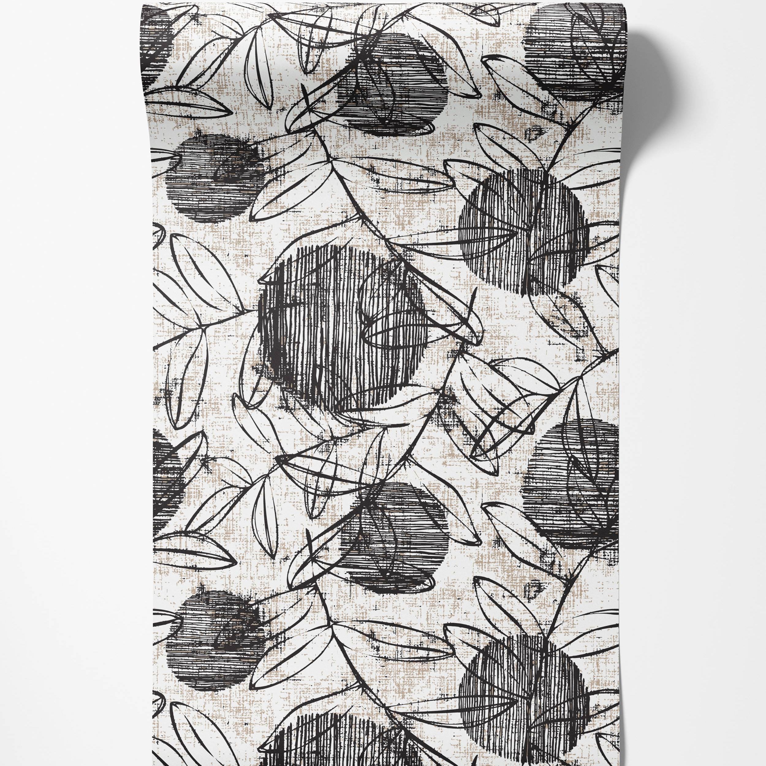 Abstract botanical wallpaper with sketchy black lines forming leaves and textured circles on a distressed beige background.