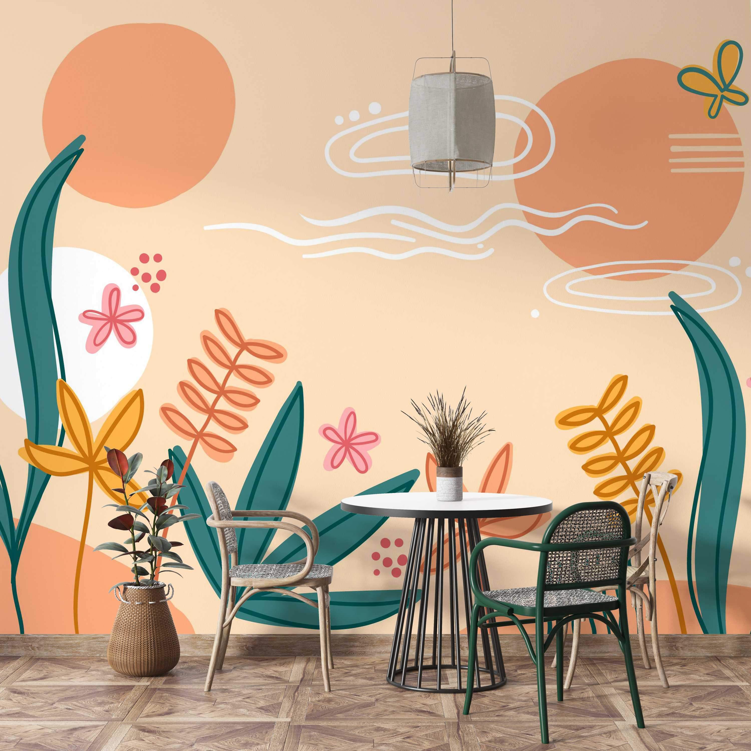 Abstract botanical mural featuring teal leaves, orange circles, stylized flowers, and white accents on a light peach background.