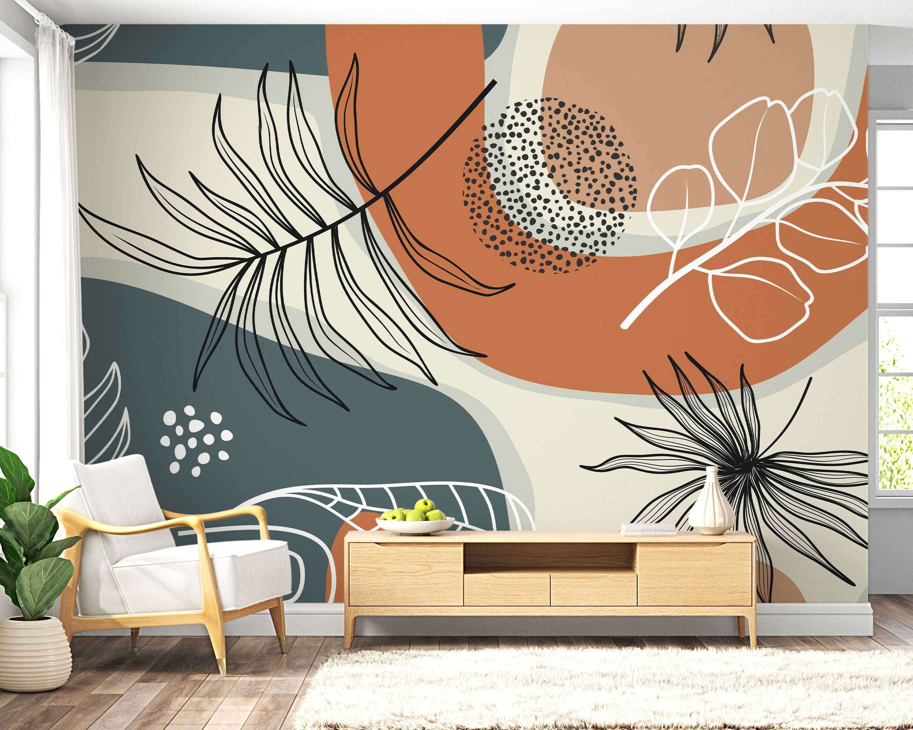 Abstract mural with overlapping organic shapes in terracotta, teal, and beige, featuring black and white botanical line art.