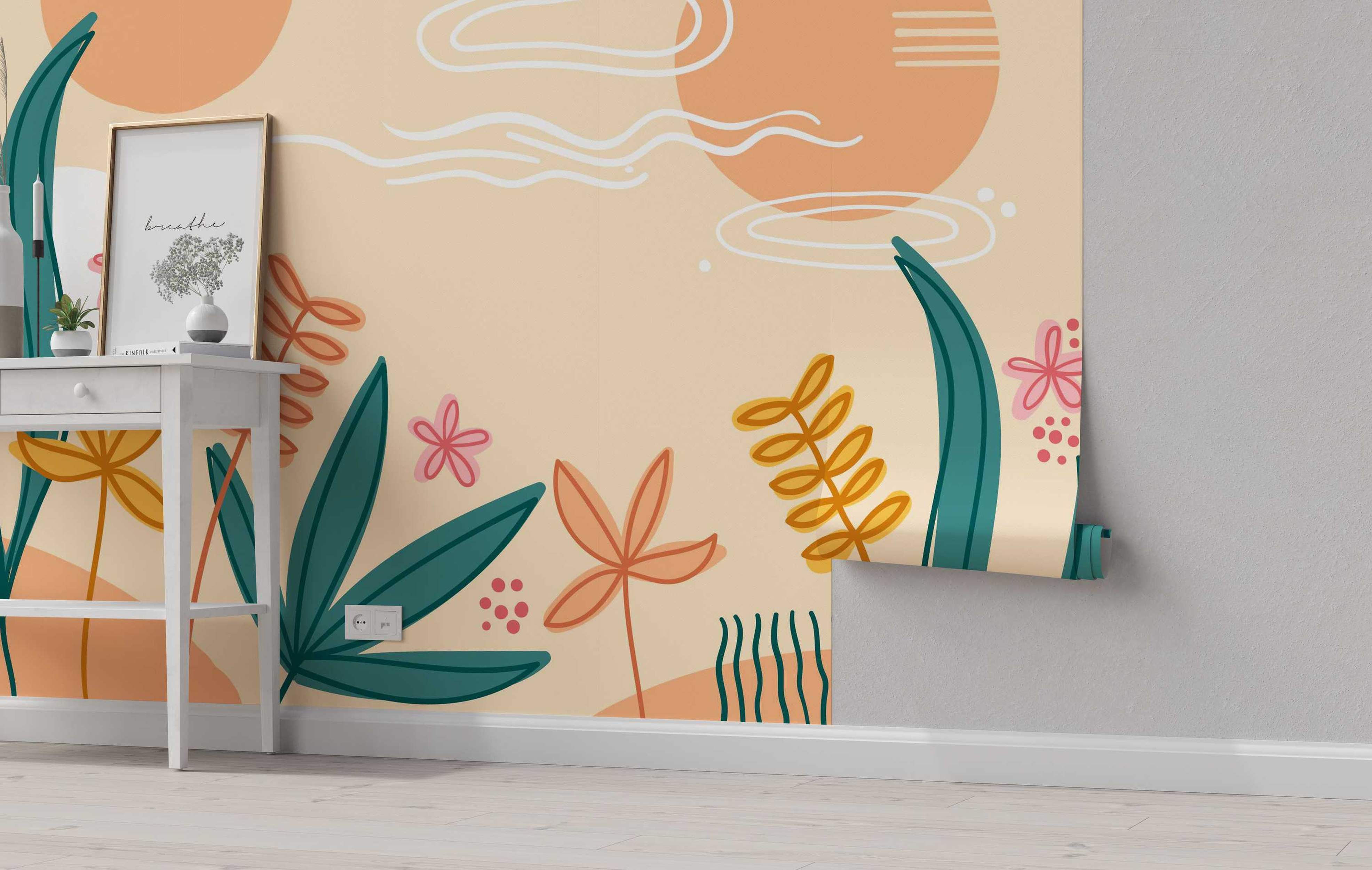 Abstract botanical mural featuring large teal leaves, peach and yellow foliage, pink flowers, and sun elements on a beige backdrop.