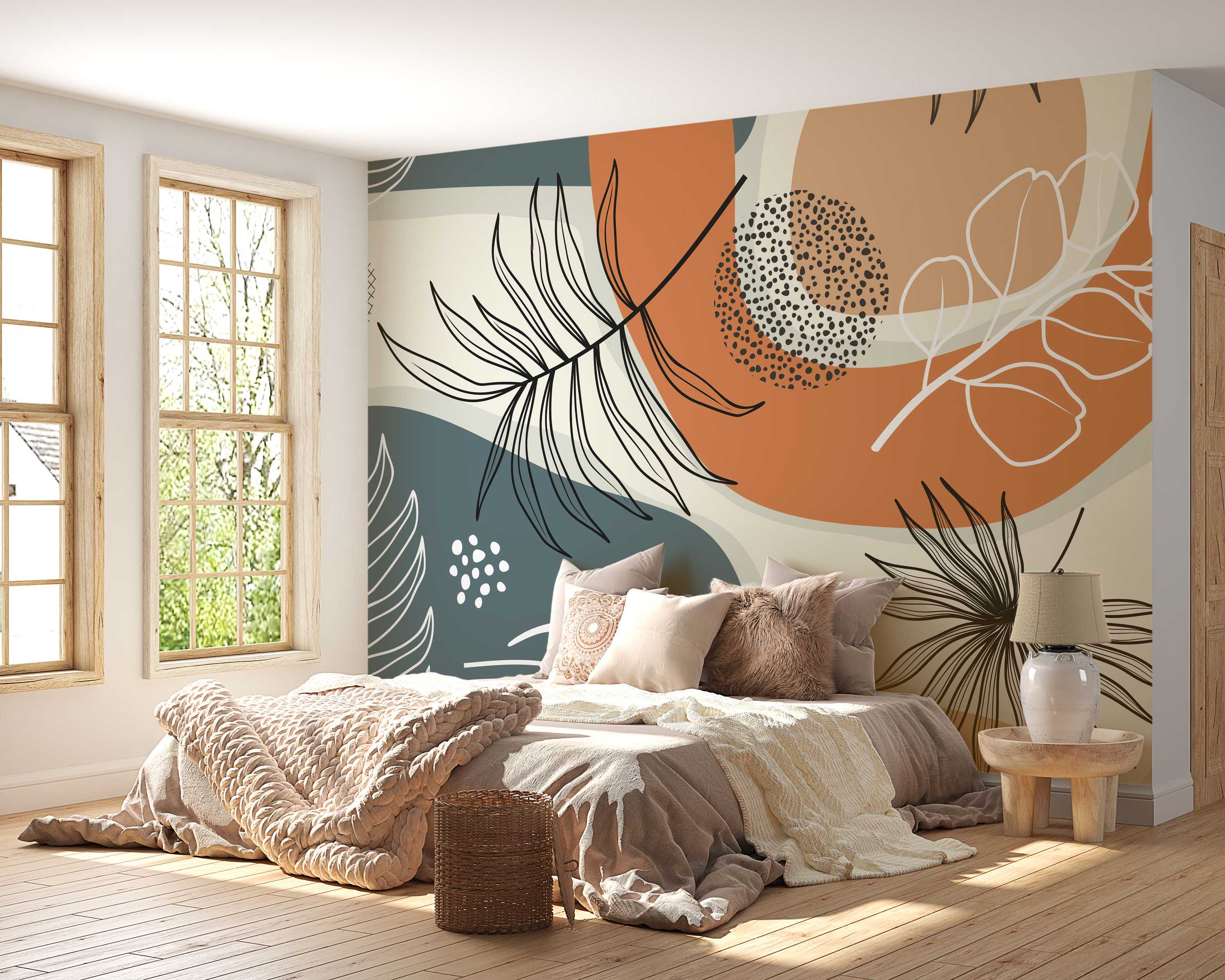 Abstract mural with organic terracotta and teal shapes, accented by black and white botanical line art and dotted patterns.