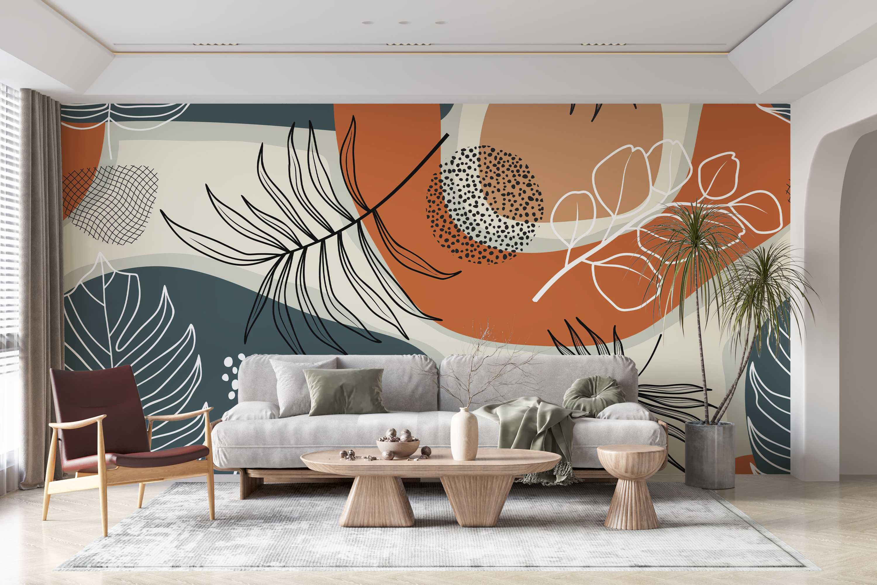 Abstract mural with organic shapes in teal, terracotta, and beige, overlaid with black and white botanical line art and dot patterns.