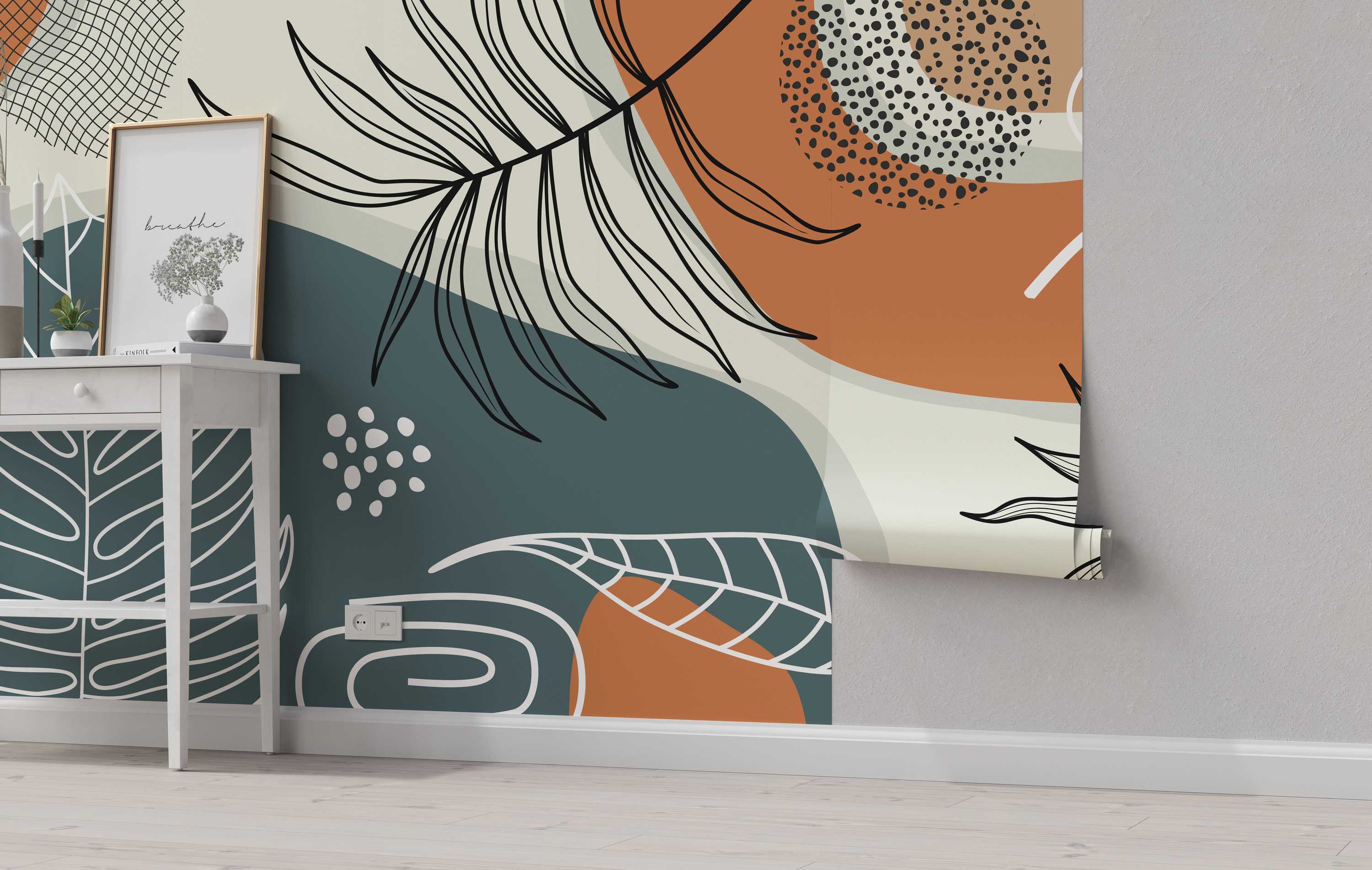 Abstract wallpaper design with overlapping organic shapes in teal, orange, and off-white, accented by black line art leaves and dots.