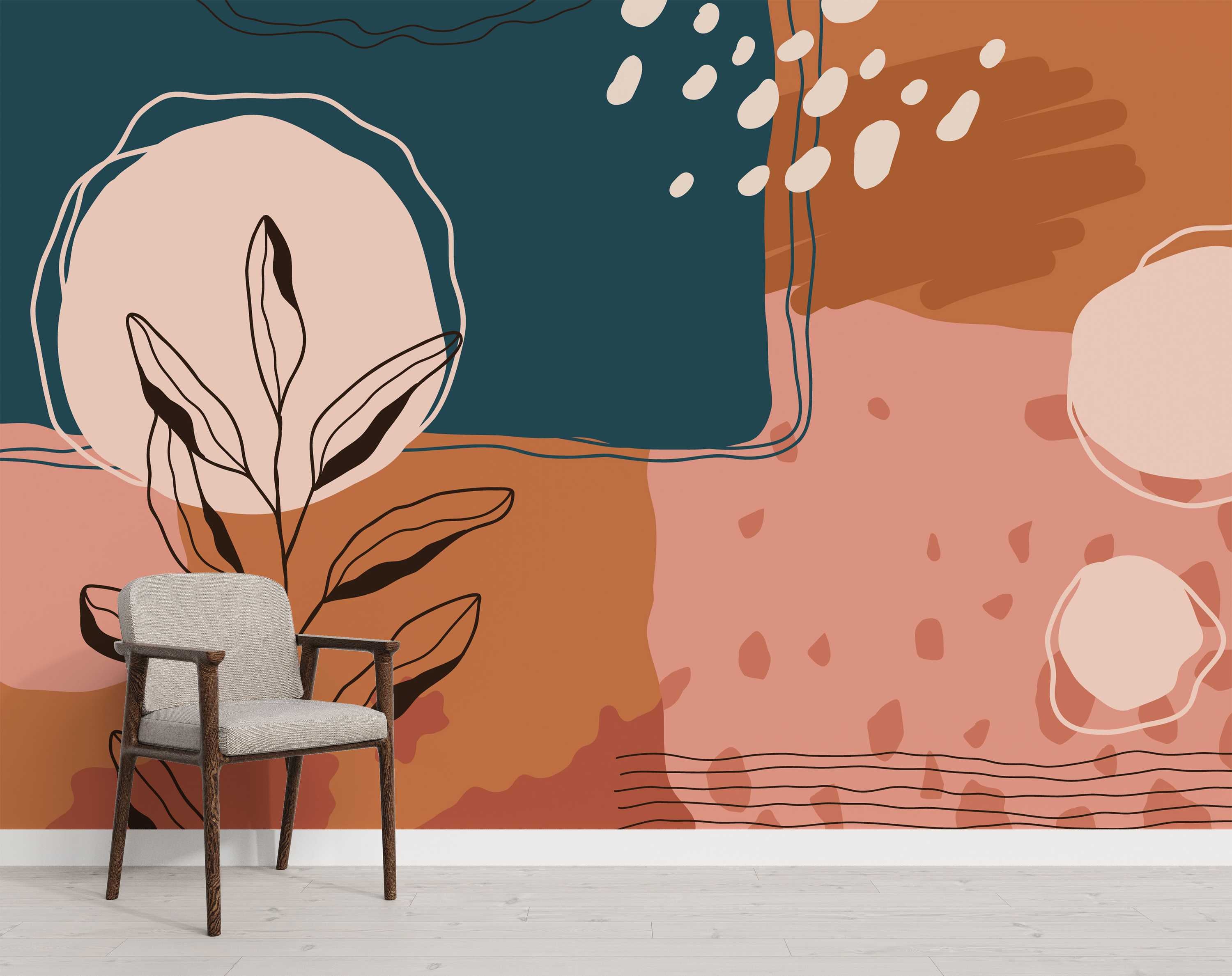 Abstract mural with teal, terracotta, and pink color blocks, beige spots, and black botanical line art accents.