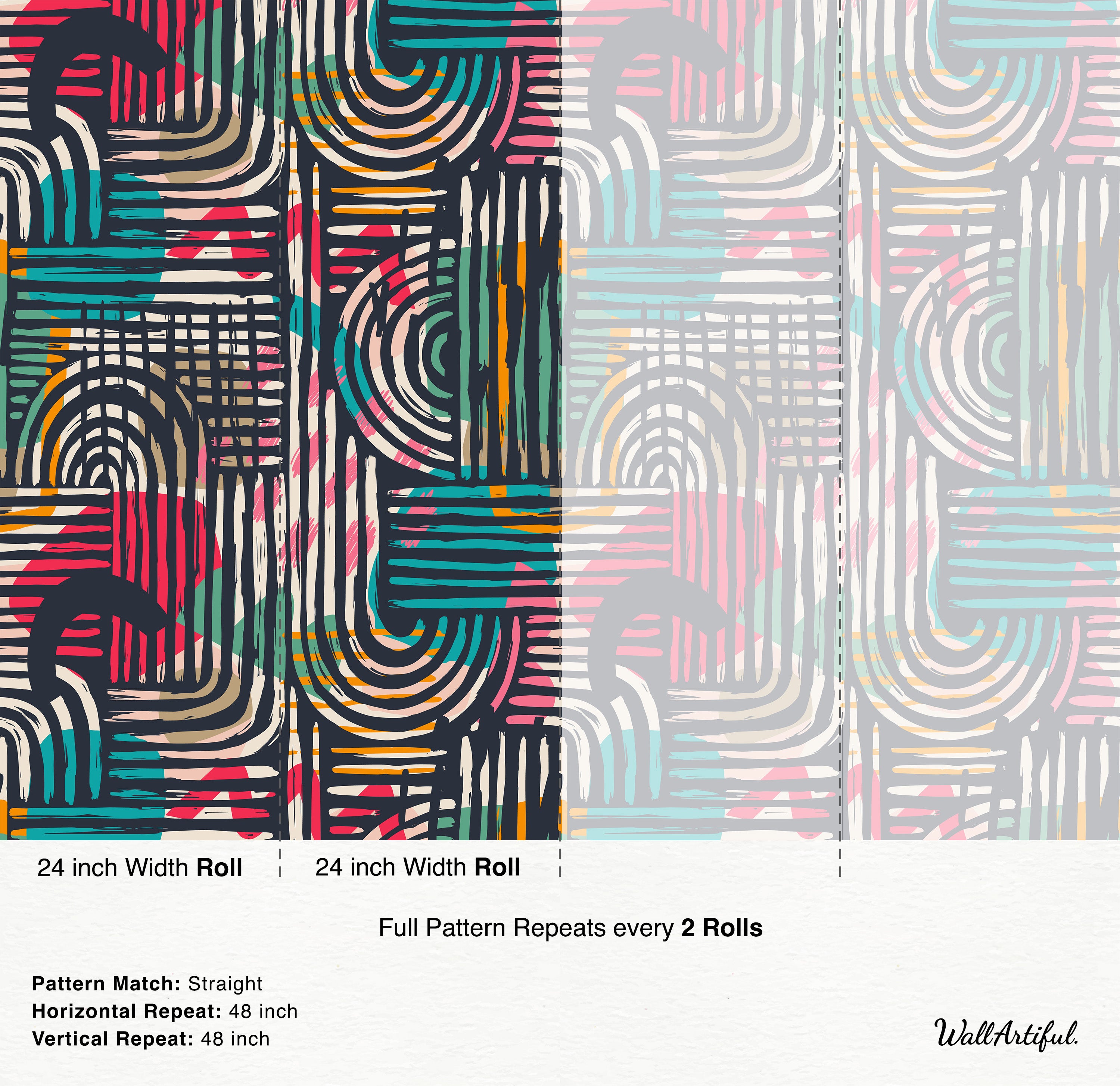Abstract painterly wallpaper with overlapping arcs and stripes in navy, teal, pink, beige, and yellow brushstrokes.