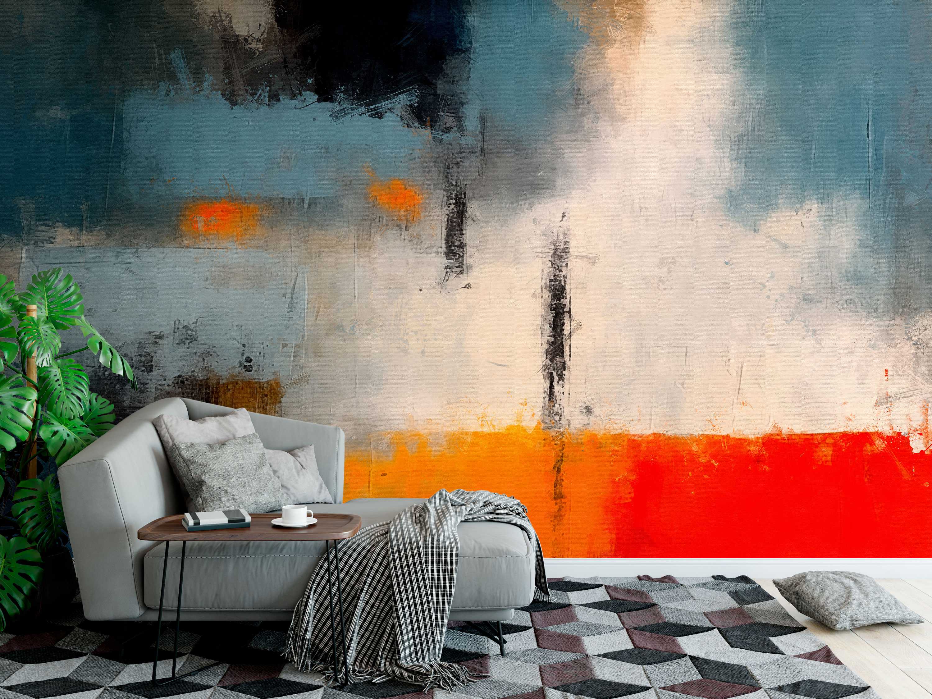 Abstract mural featuring textured brushstrokes in blue, black, white, and orange, with a solid bright red-orange base.