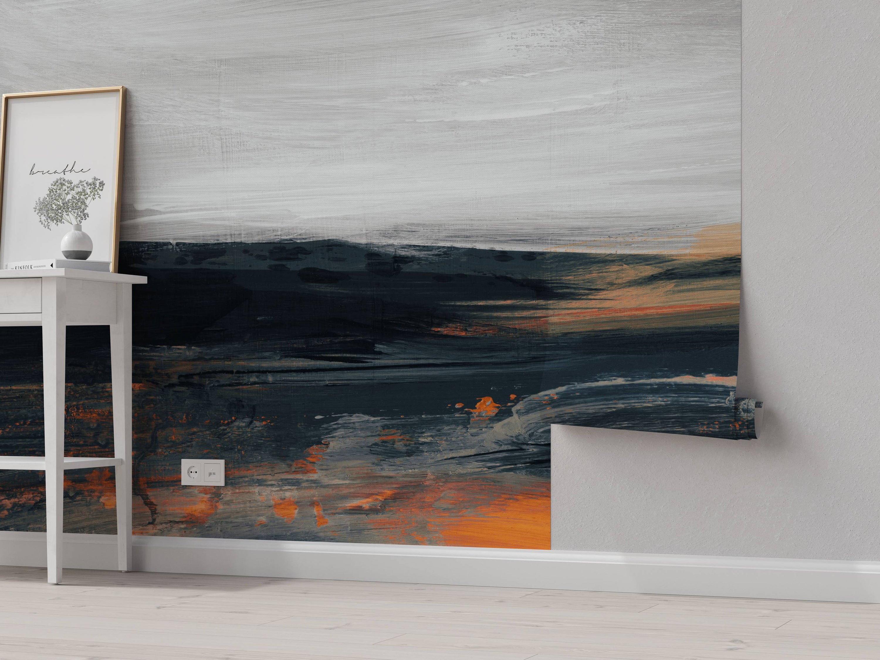 Abstract mural with textured, sweeping brushstrokes in dark blue, vibrant orange, and pale gray.