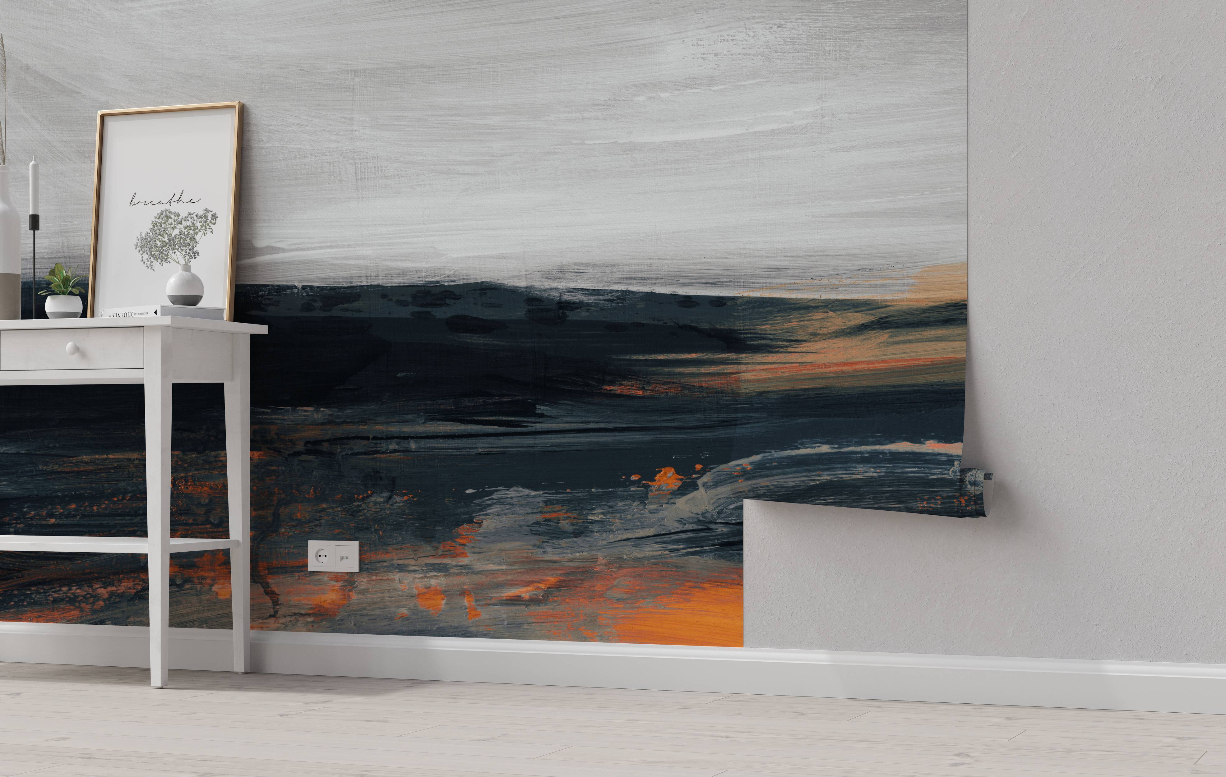 Abstract mural with textured, sweeping brushstrokes in dark blue, vibrant orange, and pale gray.