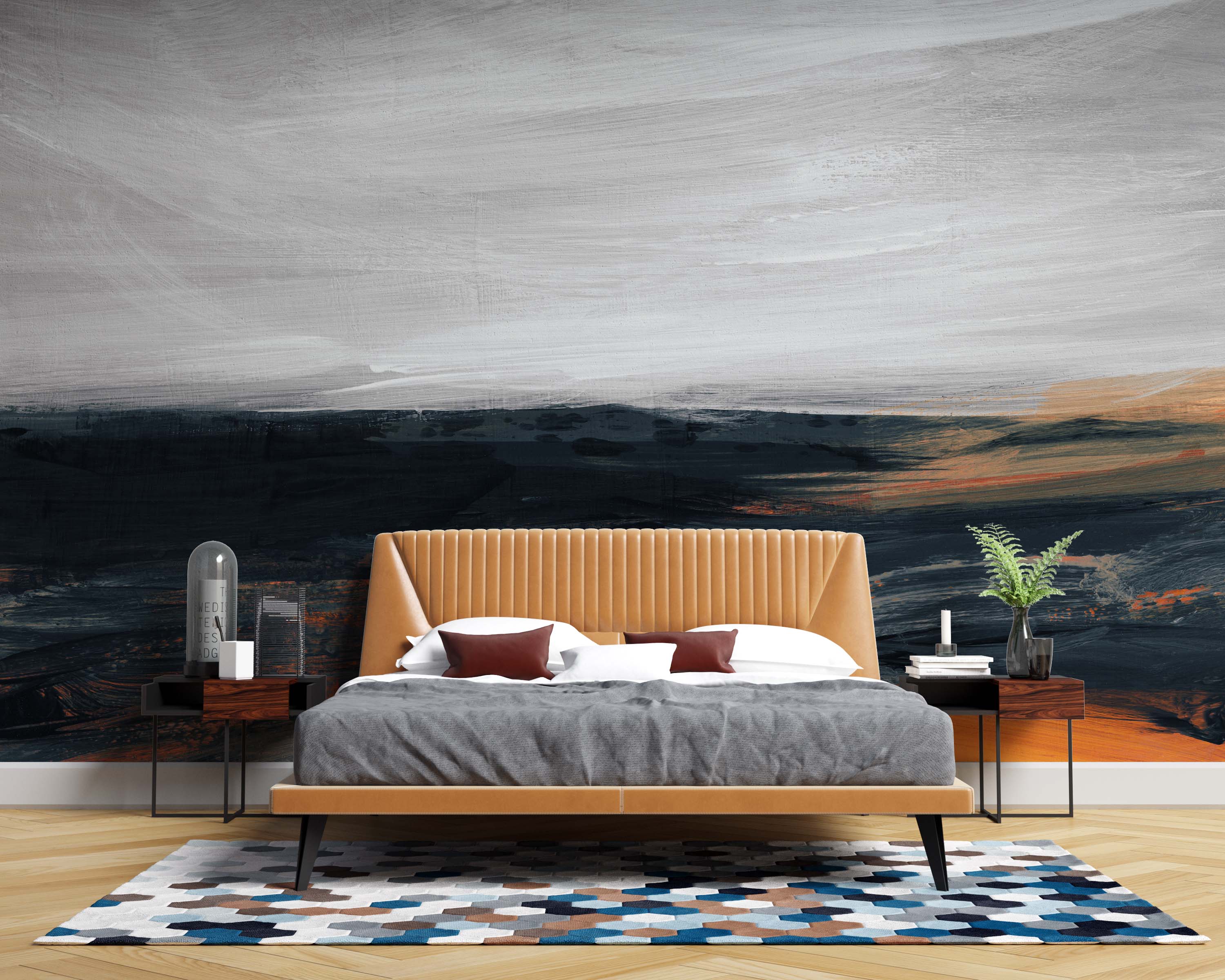 Abstract mural depicting a landscape, created with broad, textured brushstrokes in shades of grey, black, dark blue, and muted orange.