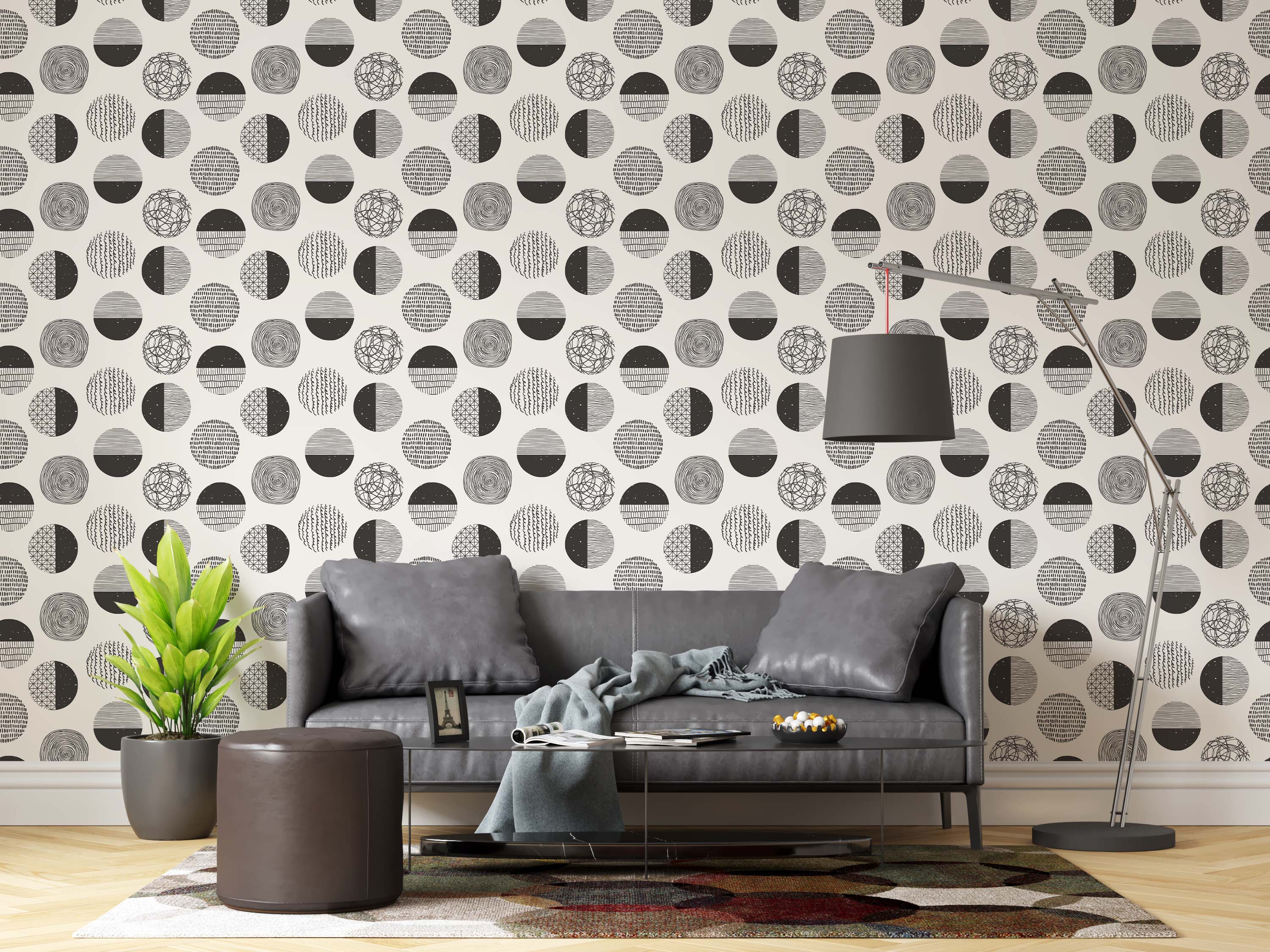 Wallpaper with a grid of black and off-white circles, each featuring diverse hand-drawn patterns like lines, scribbles, and geometric fills.