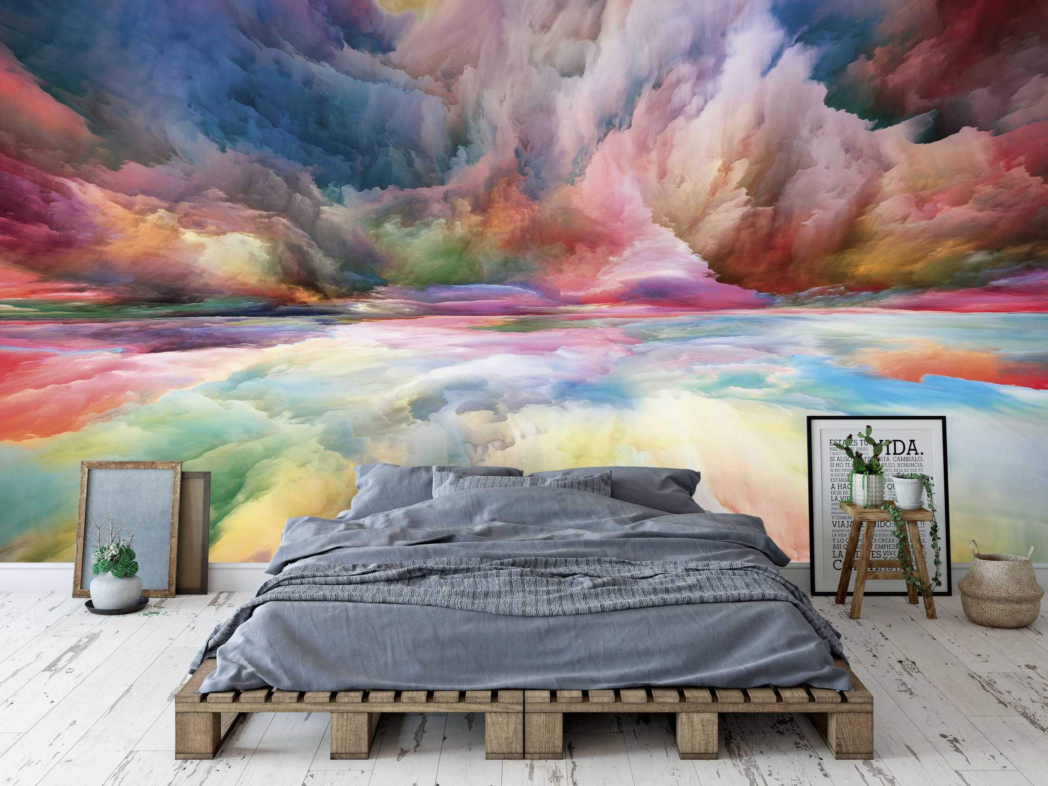 Abstract mural depicting a vibrant, multicolored cloudscape and reflective landscape in dramatic painterly strokes.