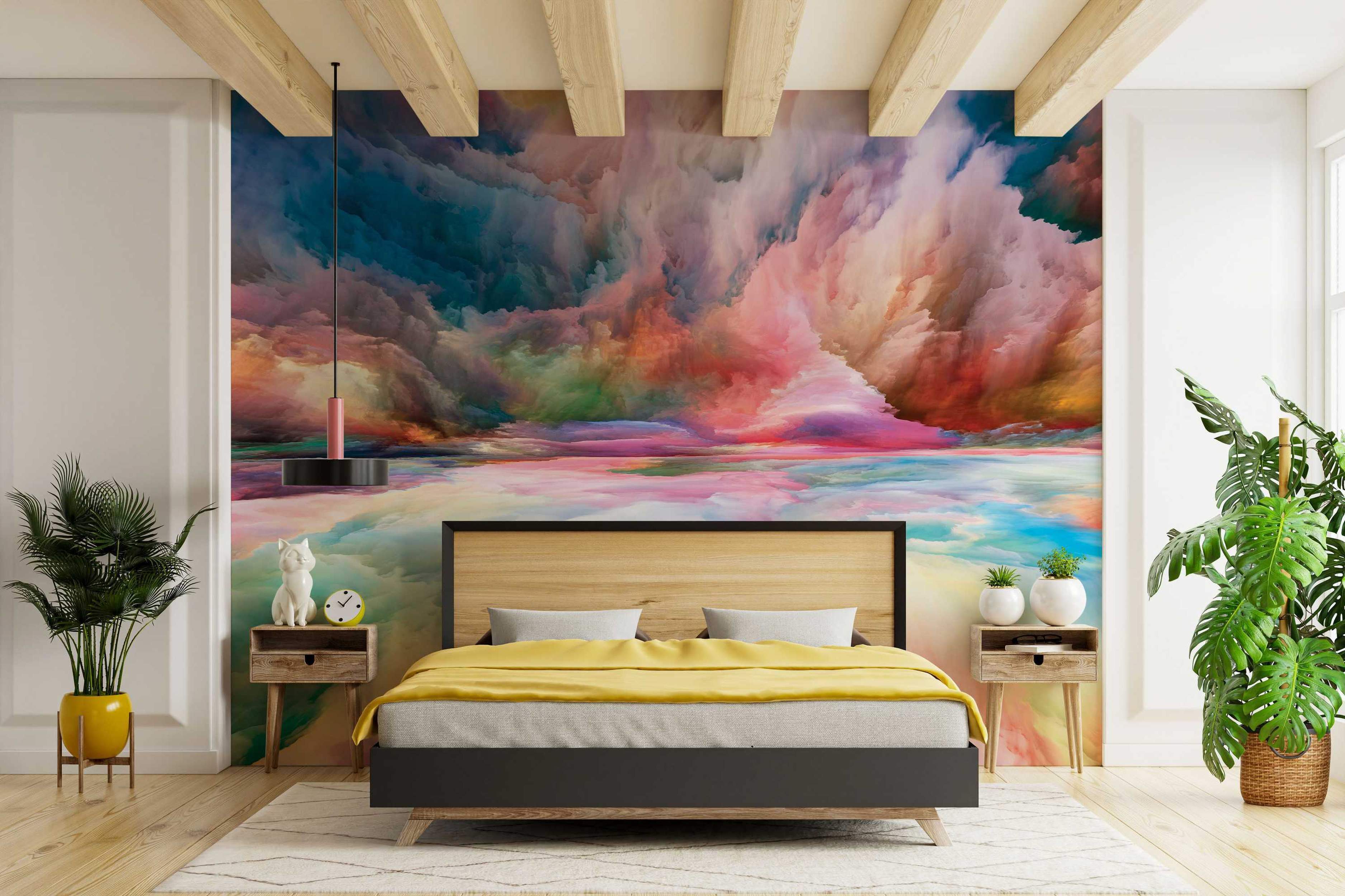 Abstract mural depicting a dreamlike landscape with swirling, vibrant clouds in shades of pink, blue, orange, and green.
