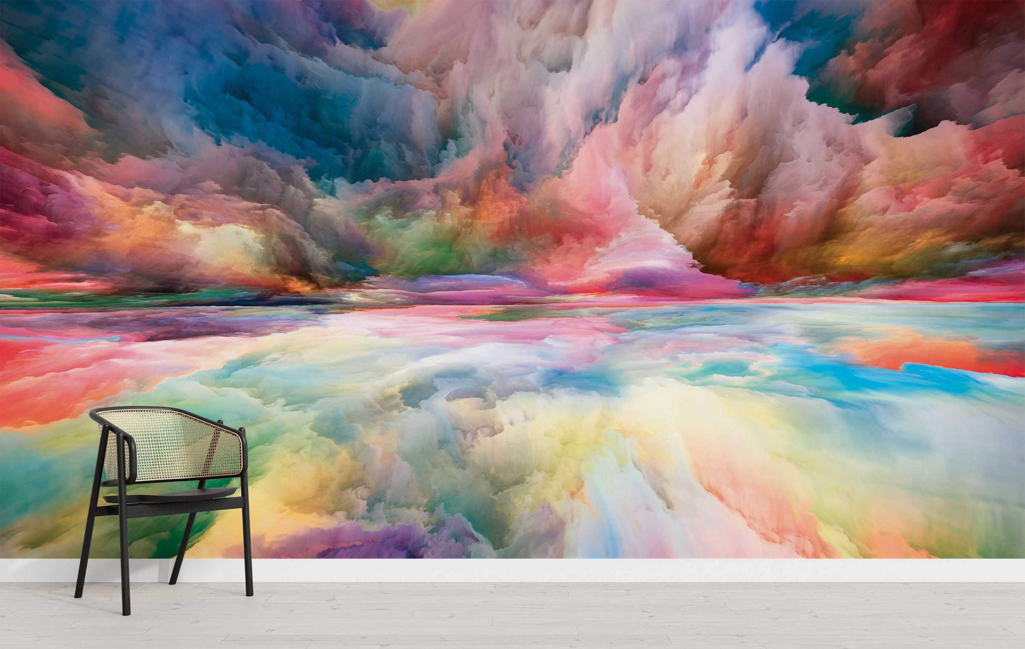 Abstract mural depicting a vibrant, painterly cloudscape with swirling blue, pink, red, orange, yellow, and green hues.
