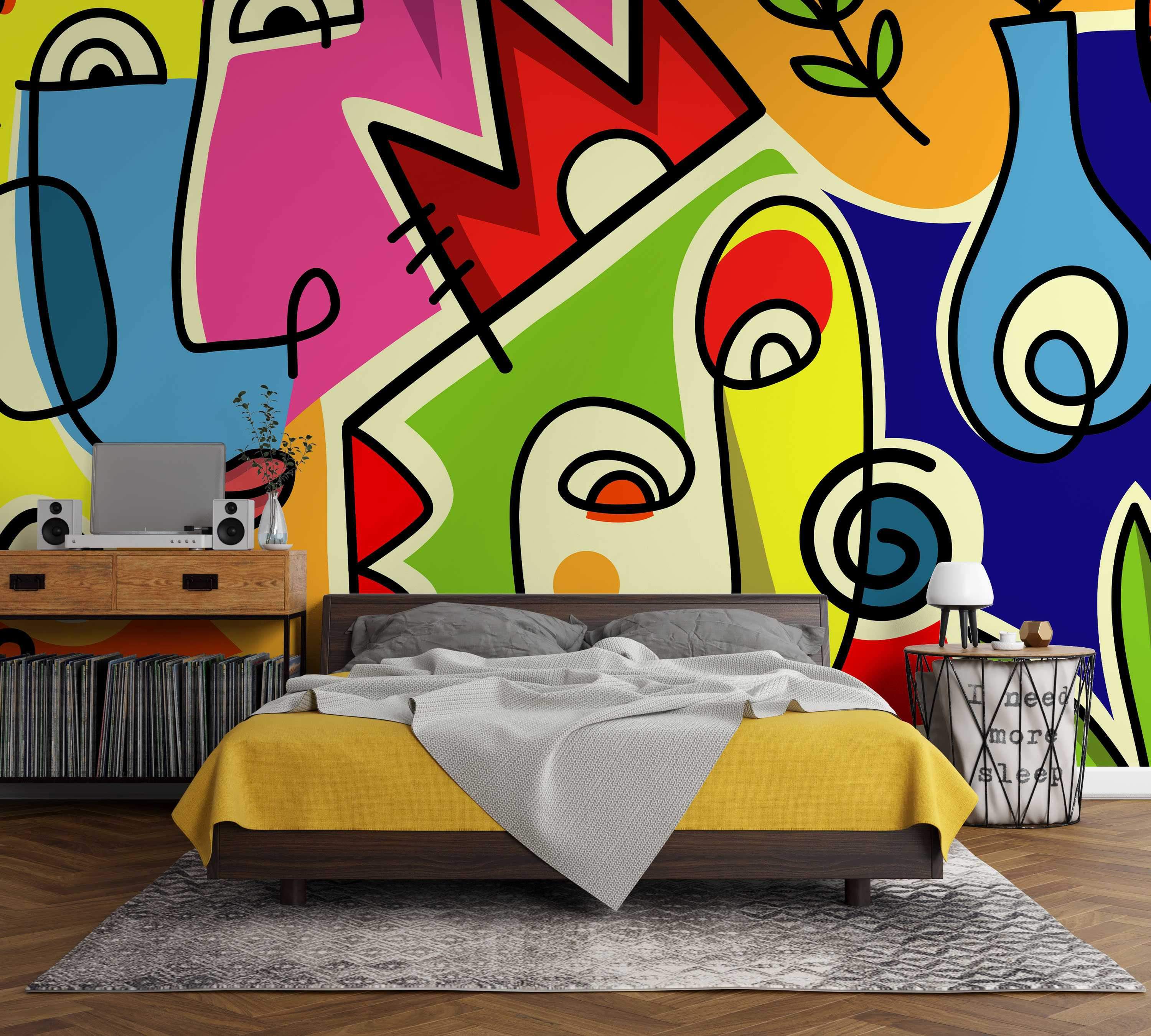 Abstract wall mural featuring bold black outlines defining colorful geometric and organic shapes in blue, yellow, pink, red, and green.