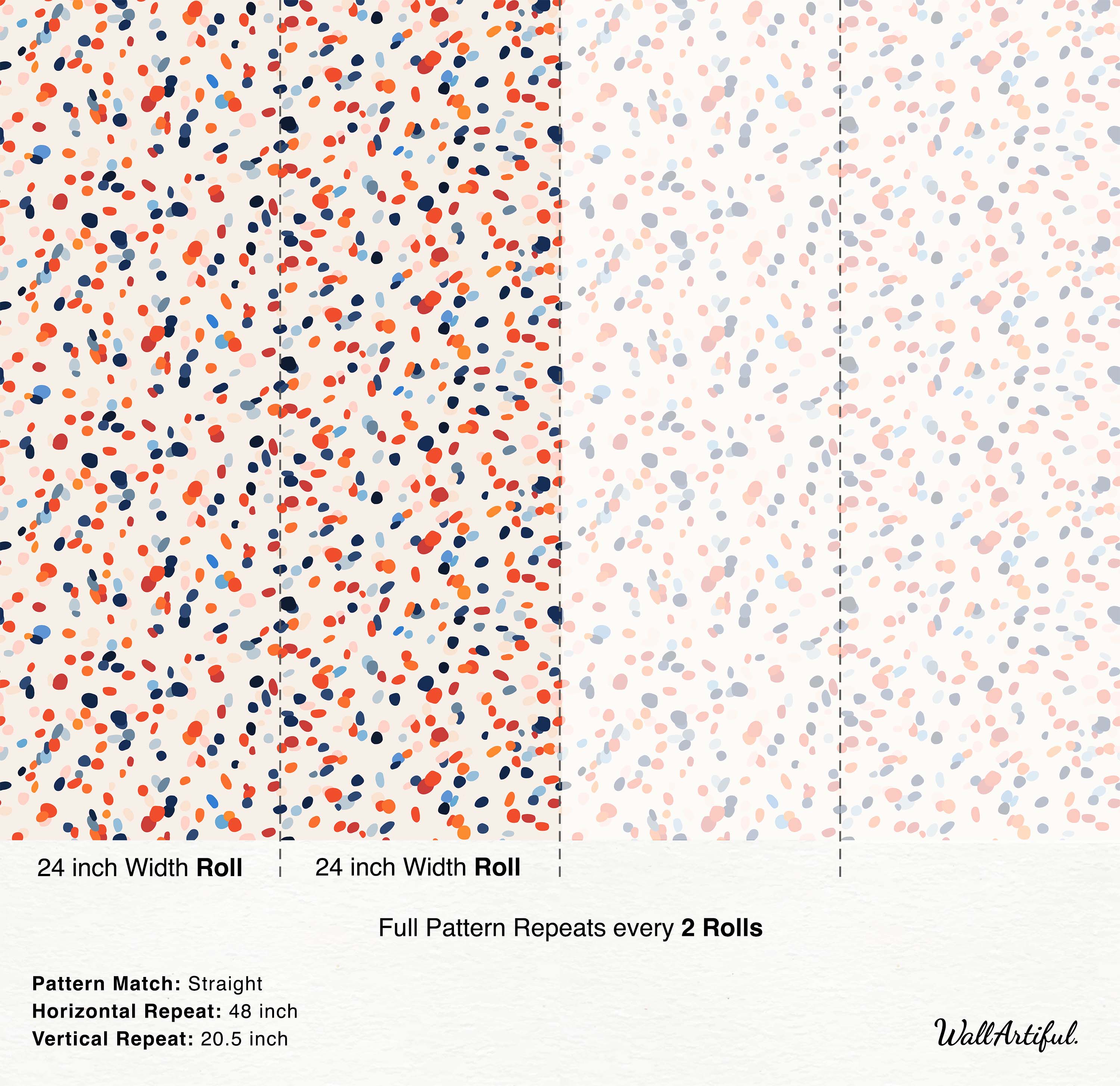 Wallpaper featuring a scattering of abstract oval shapes in red, orange, navy, and light blue on an off-white field.