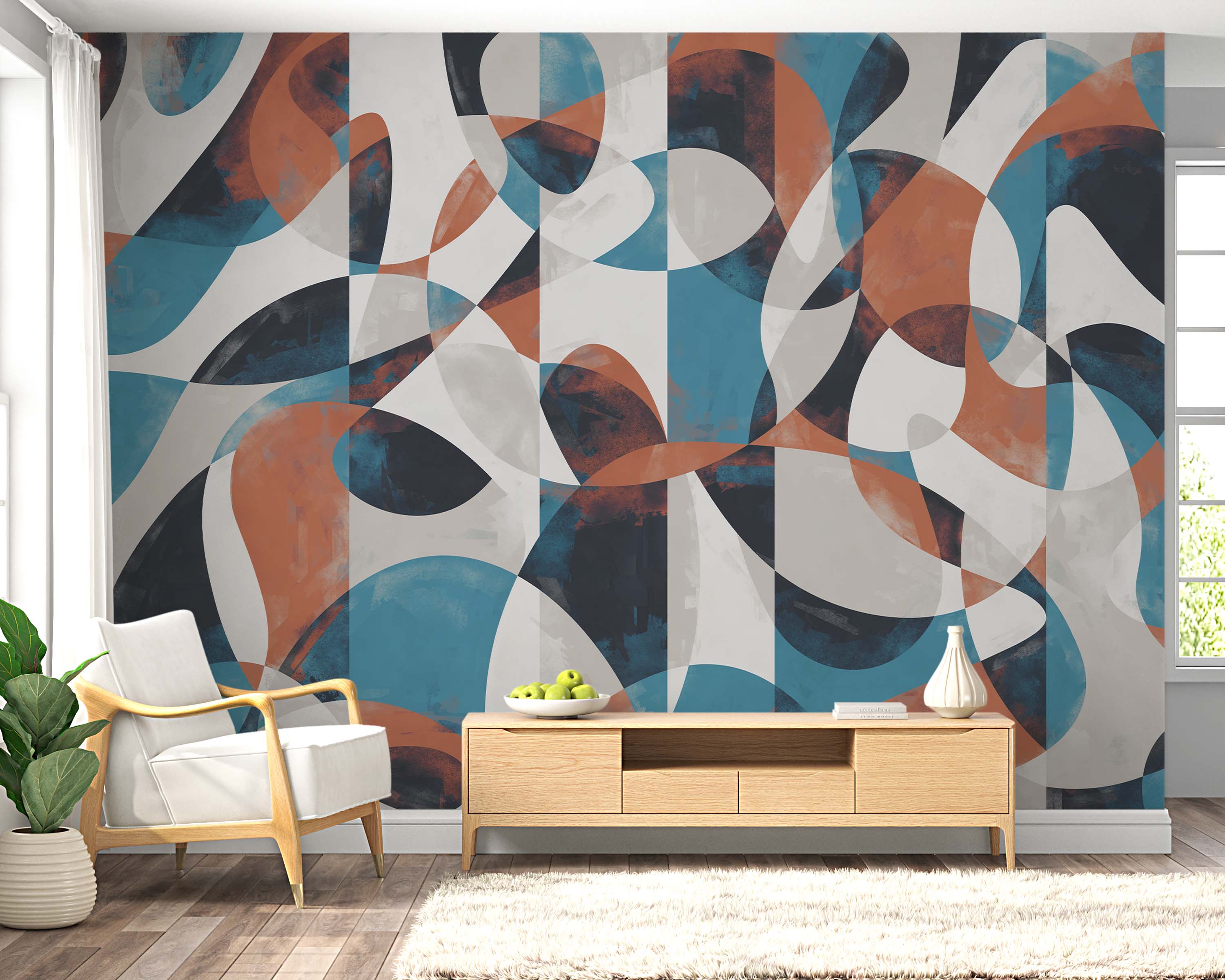 Abstract wallpaper with a dynamic pattern of overlapping curved and geometric shapes in teal, rust, dark gray, and light gray.