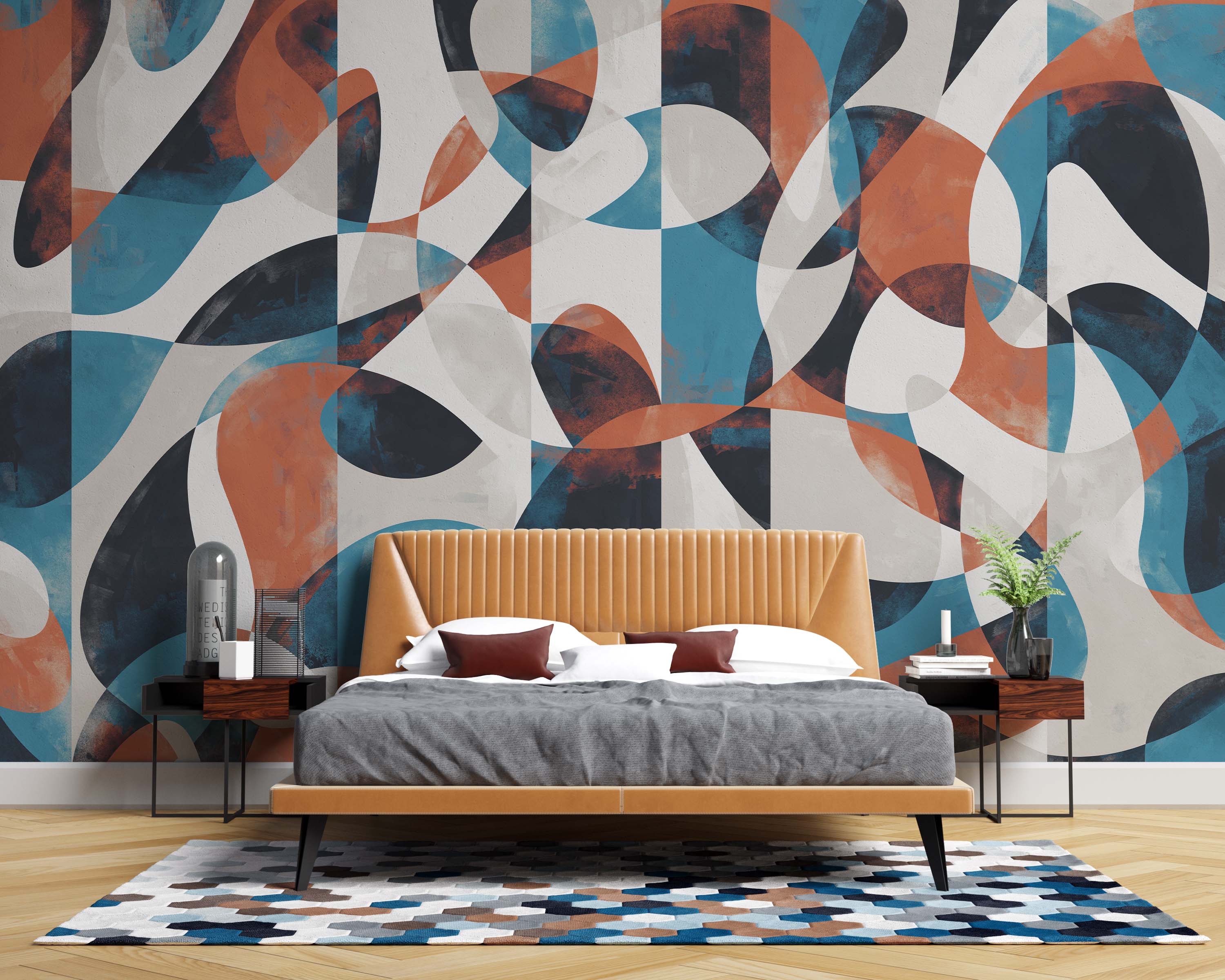 Mural with an abstract design of overlapping curved shapes in rust, blue, black, and off-white, featuring a painterly texture.