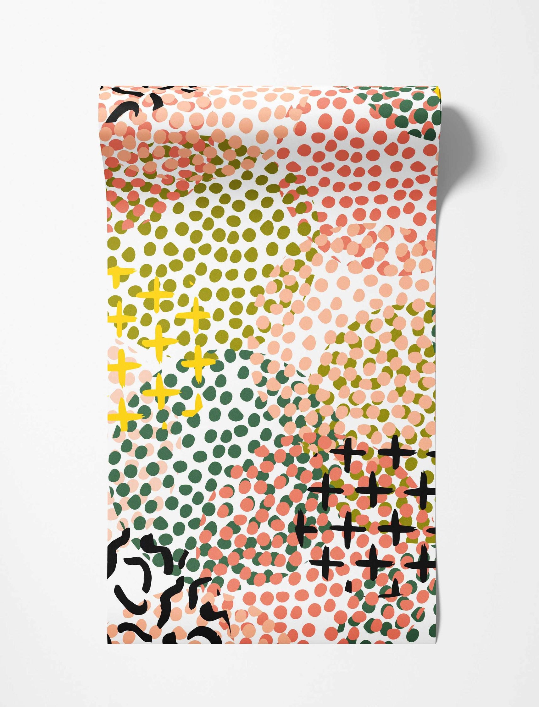 Abstract wallpaper with overlapping fields of coral, olive, and dark green dots, yellow plus signs, and black marks.