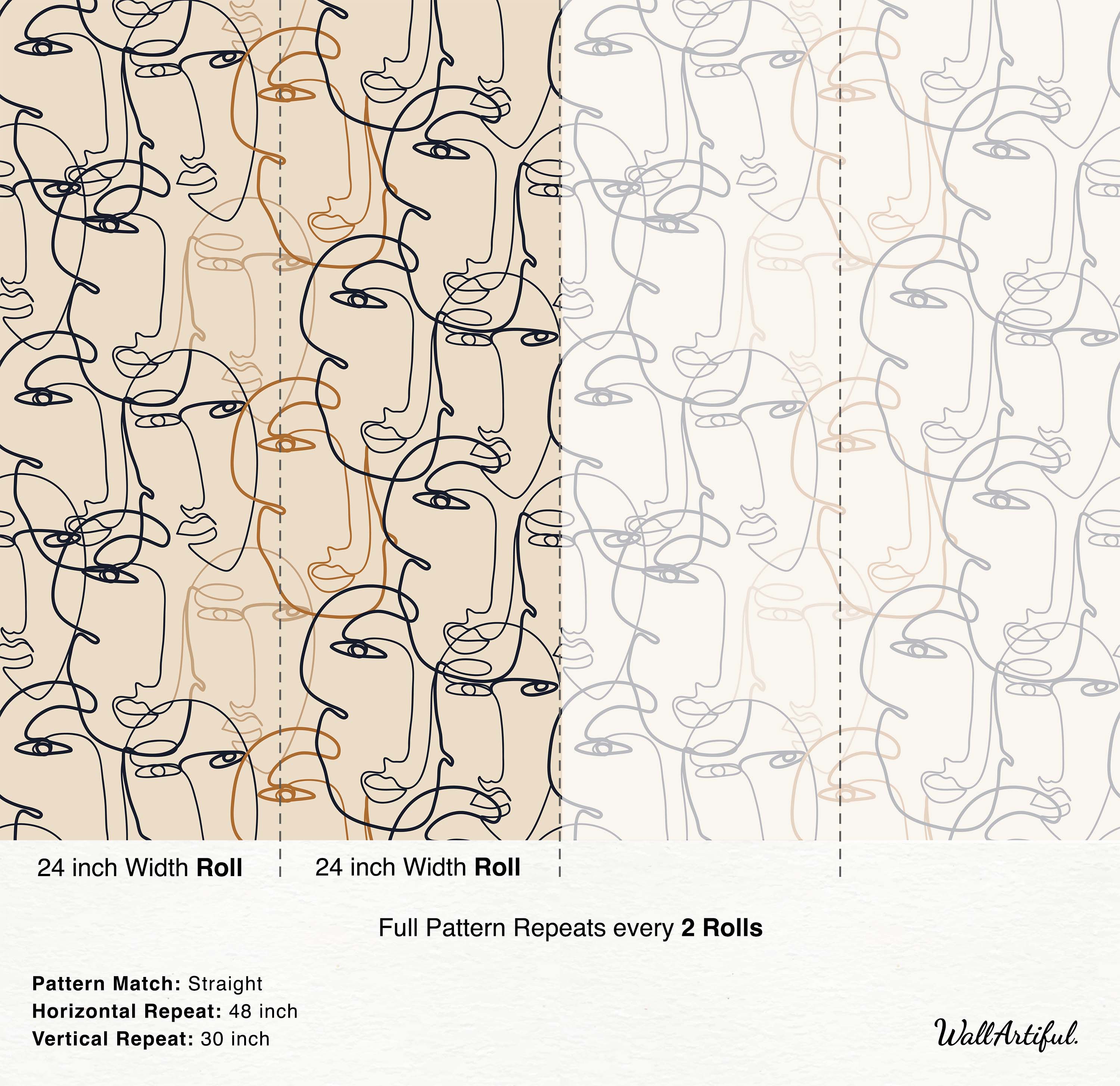 Abstract line art faces wallpaper with black, brown, and grey continuous lines on beige and off-white backgrounds.