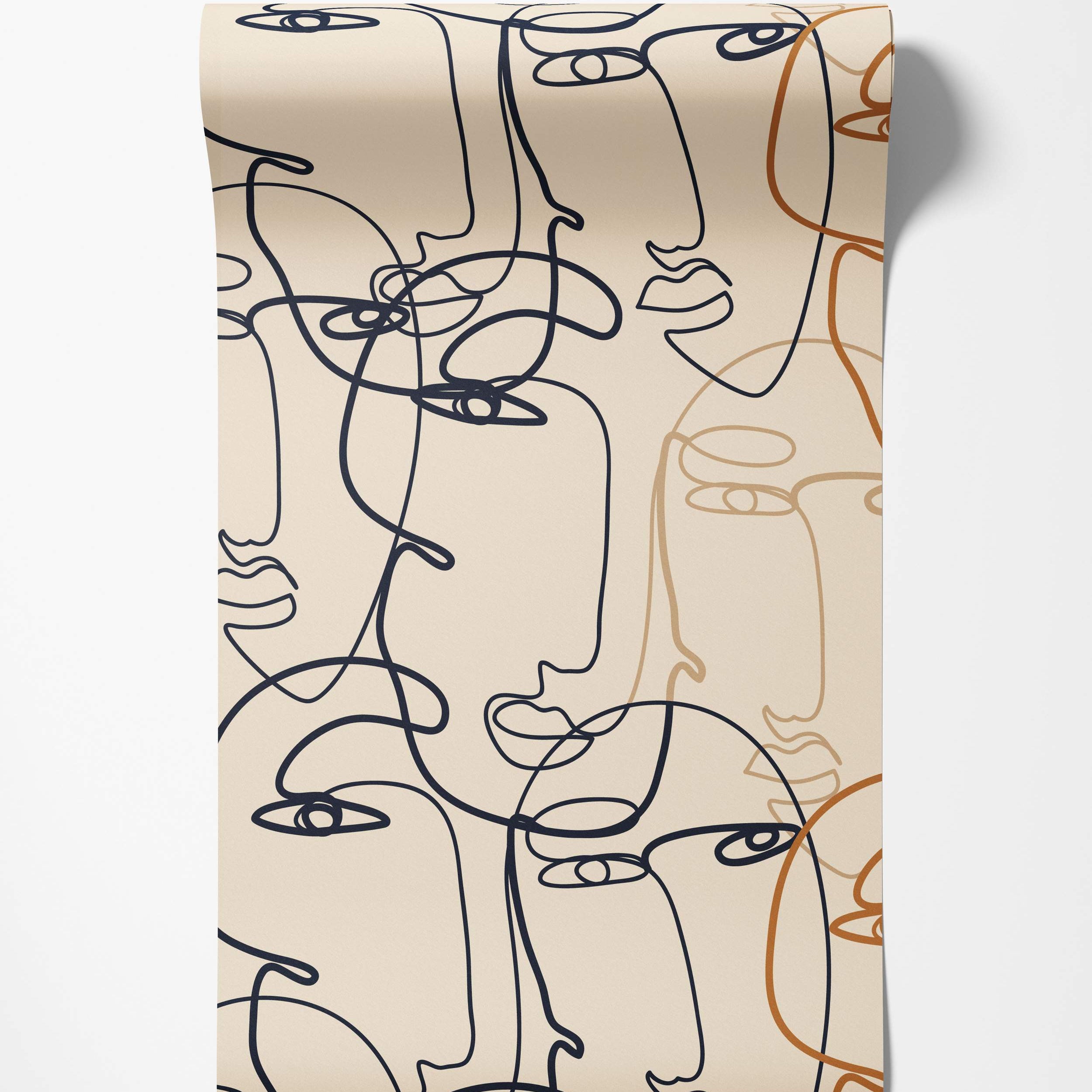 Wallpaper featuring abstract faces drawn in a continuous line art style with dark blue, brown, and tan lines on a beige background.