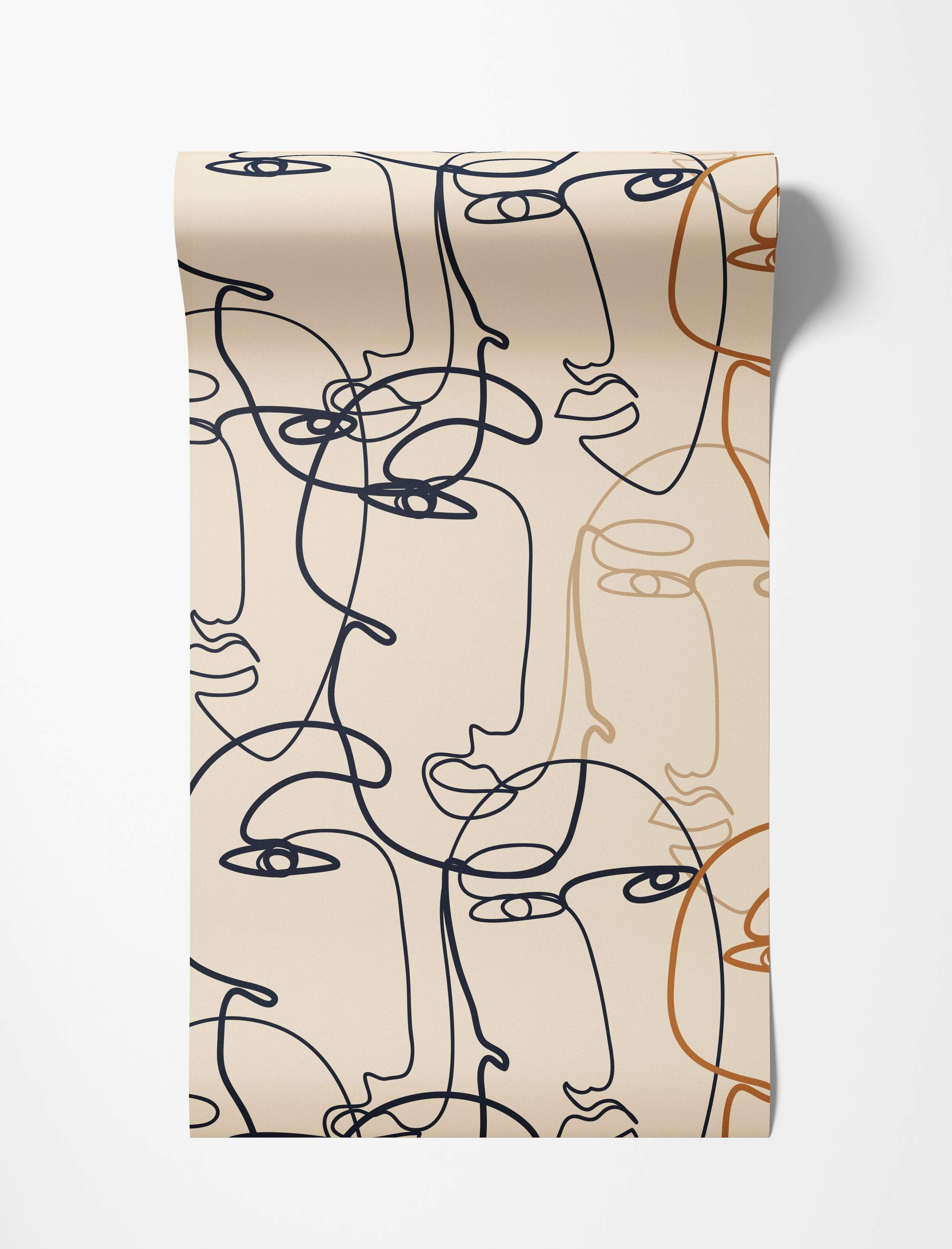 Wallpaper featuring abstract faces drawn in a continuous line art style with dark blue, brown, and tan lines on a beige background.