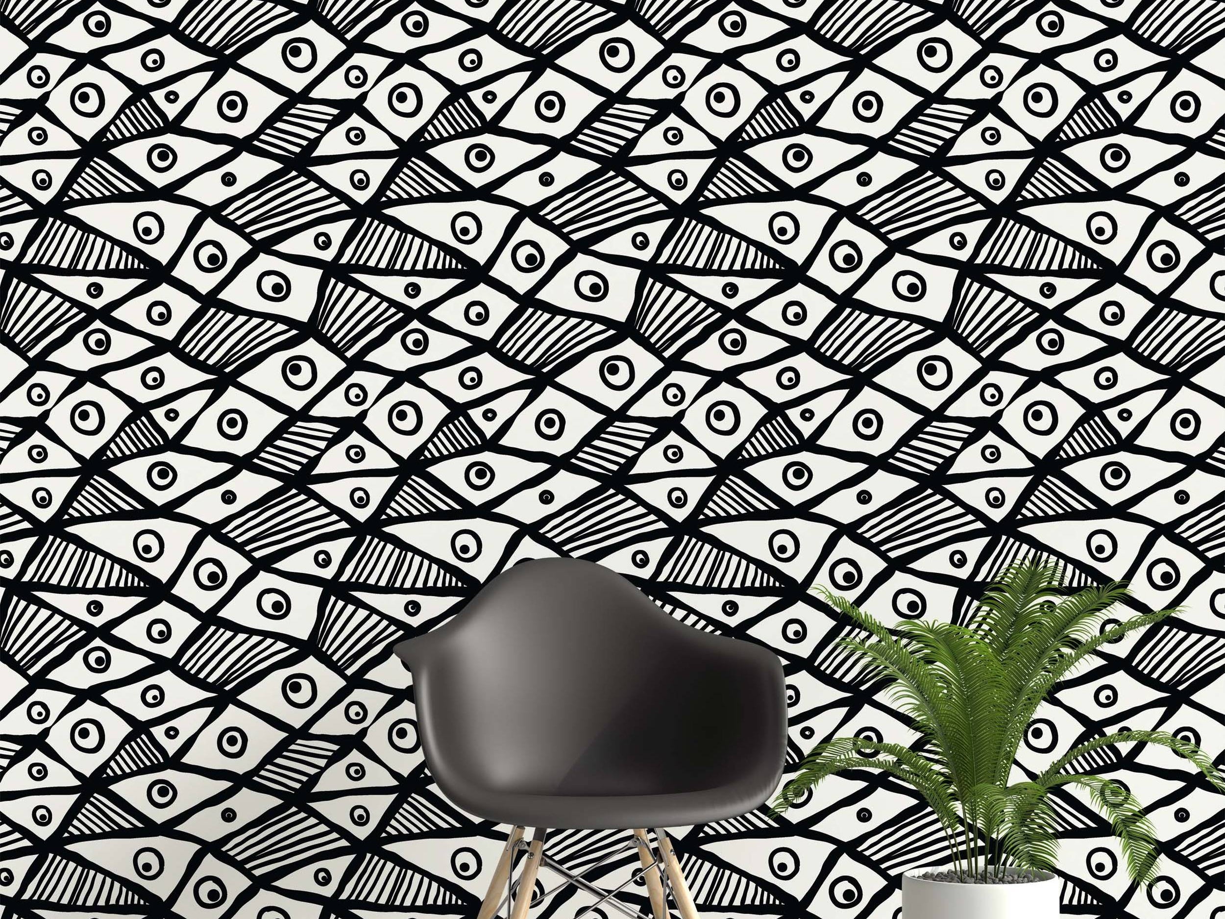 Hand-drawn abstract fish pattern wallpaper in black ink on an off-white background. Features repeating shapes with eyes and stripes.