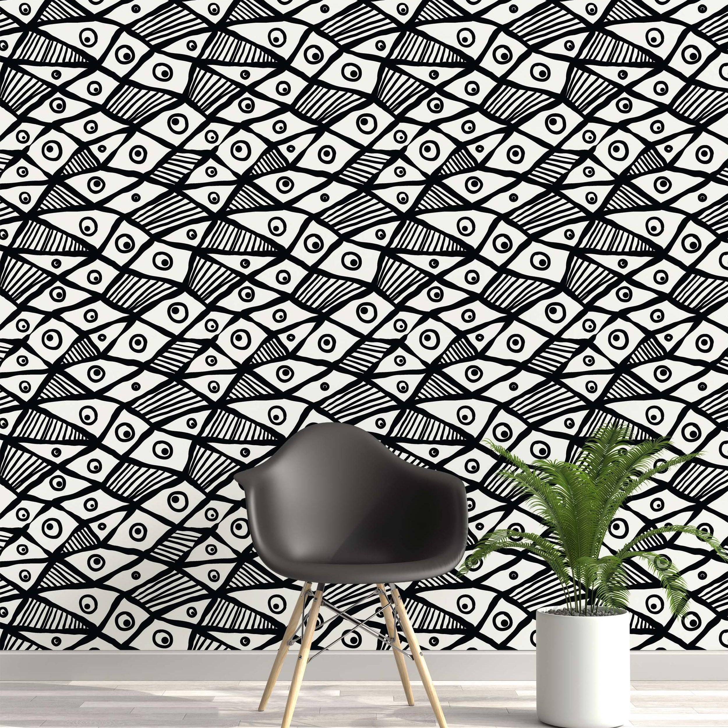 Hand-drawn abstract fish pattern wallpaper in black ink on an off-white background. Features repeating shapes with eyes and stripes.