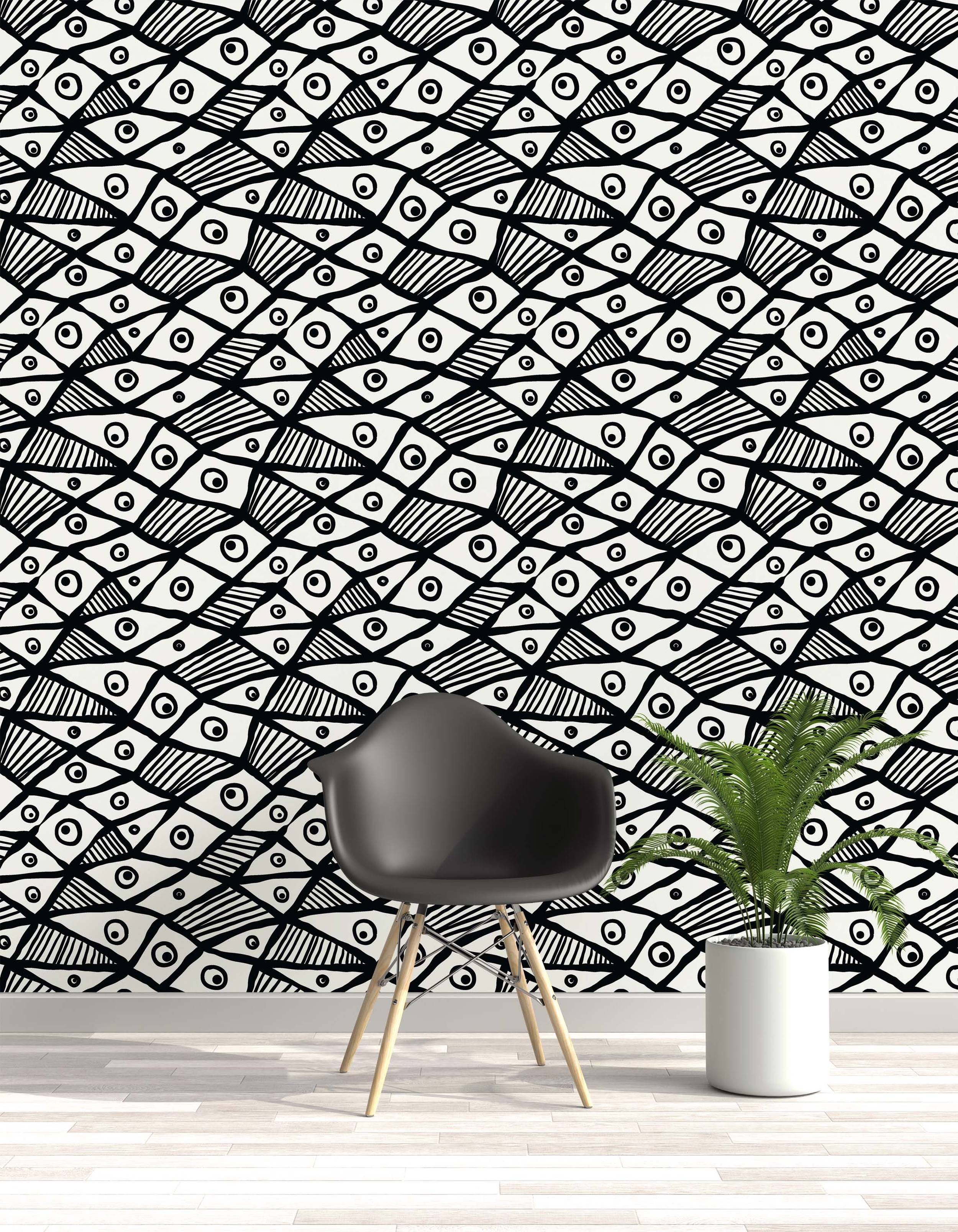 Hand-drawn abstract fish pattern wallpaper in black ink on an off-white background. Features repeating shapes with eyes and stripes.
