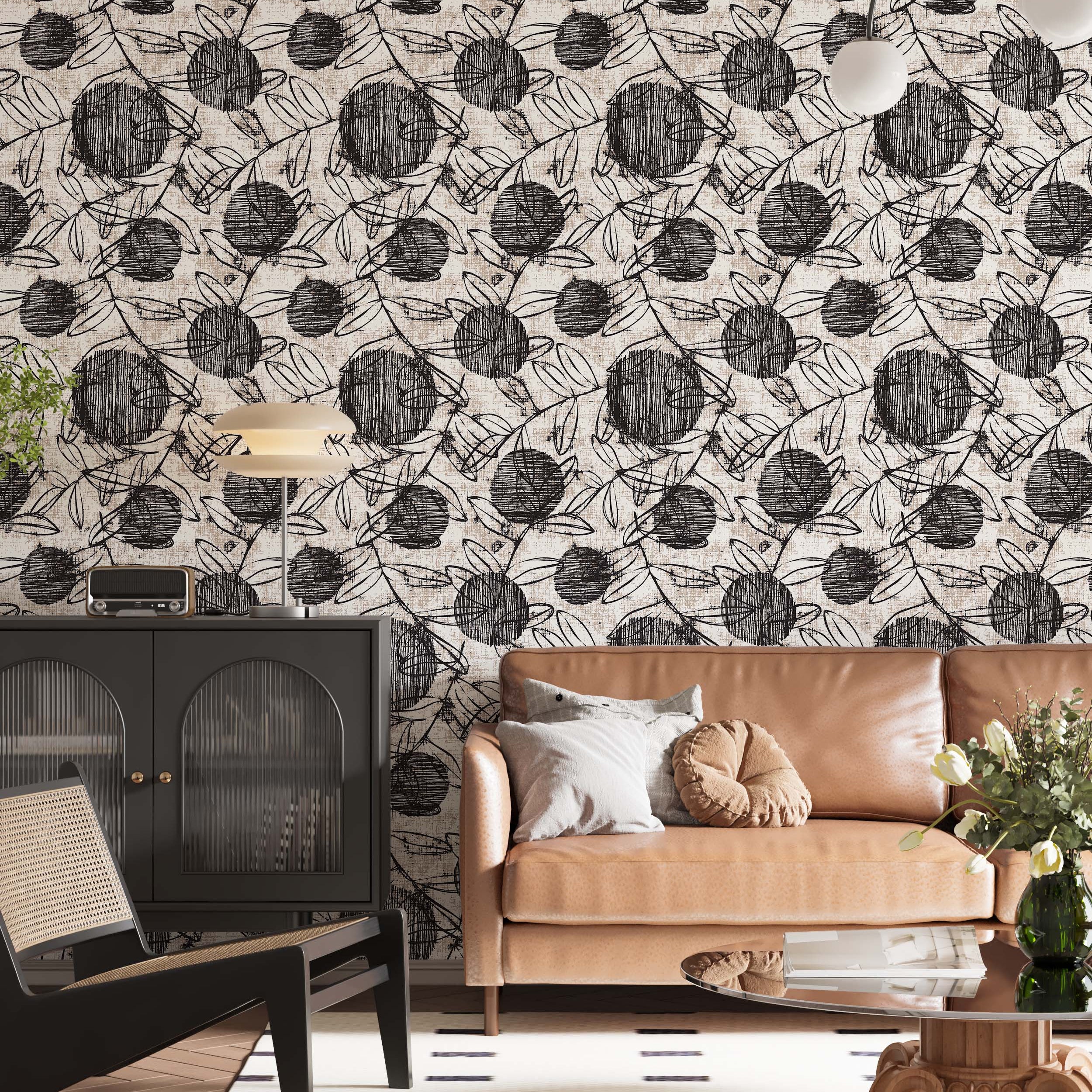 Abstract botanical wallpaper featuring black, sketch-style circular flowers and leaves on a textured beige background.