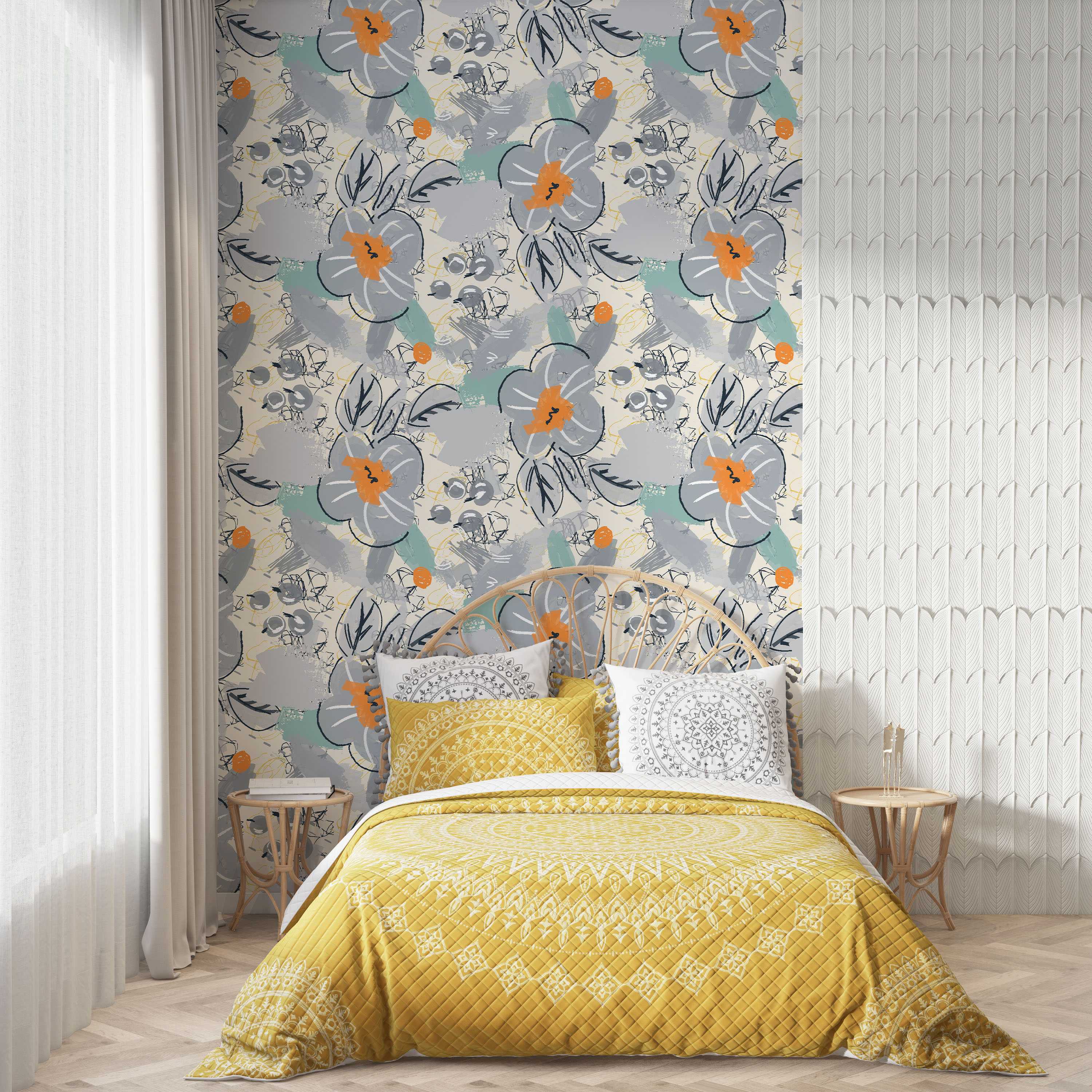 Abstract floral wallpaper with large grey flowers, orange centers, teal brushstrokes, and dark outlines on a cream background.