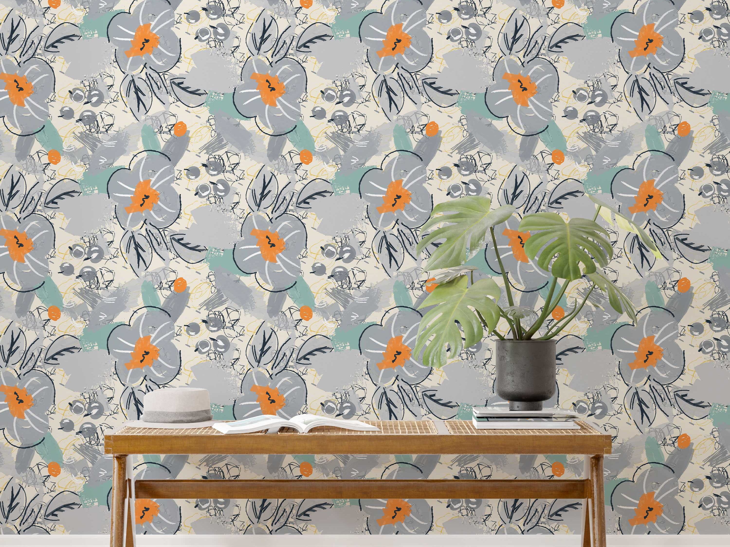 Painterly abstract floral wallpaper with gray flowers, orange centers, teal accents, and sketched black and yellow details on a cream ground.