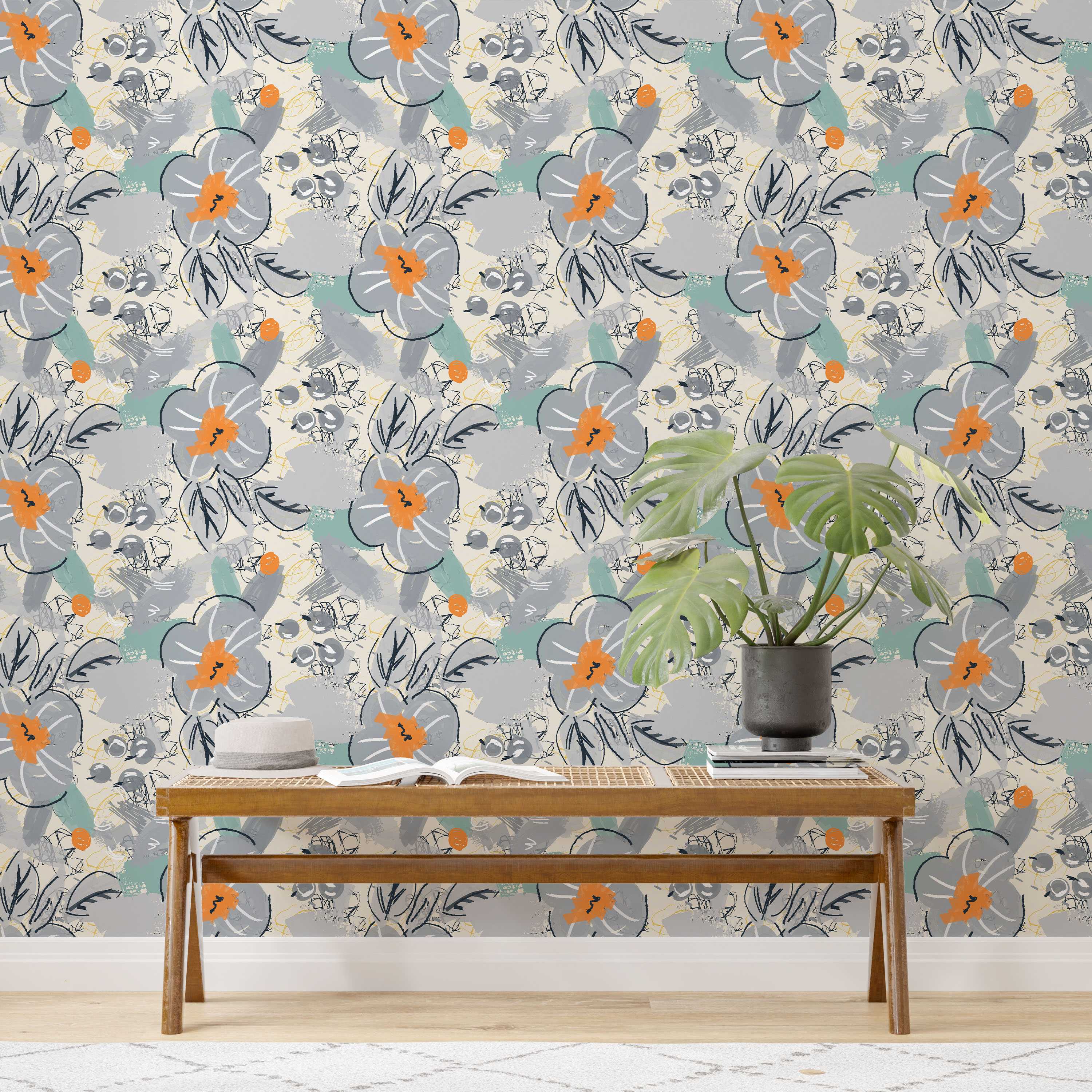 Painterly abstract floral wallpaper with gray flowers, orange centers, teal accents, and sketched black and yellow details on a cream ground.