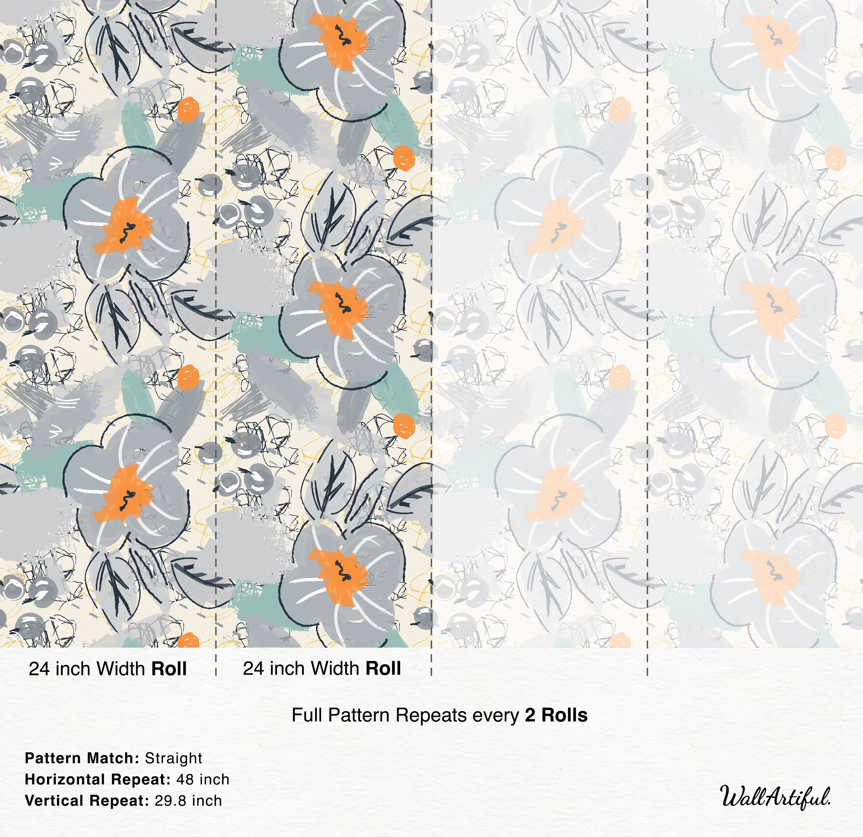Abstract floral wallpaper with gray flowers, orange centers, dark leaves, and teal/yellow accents in a painterly, scribbled style.