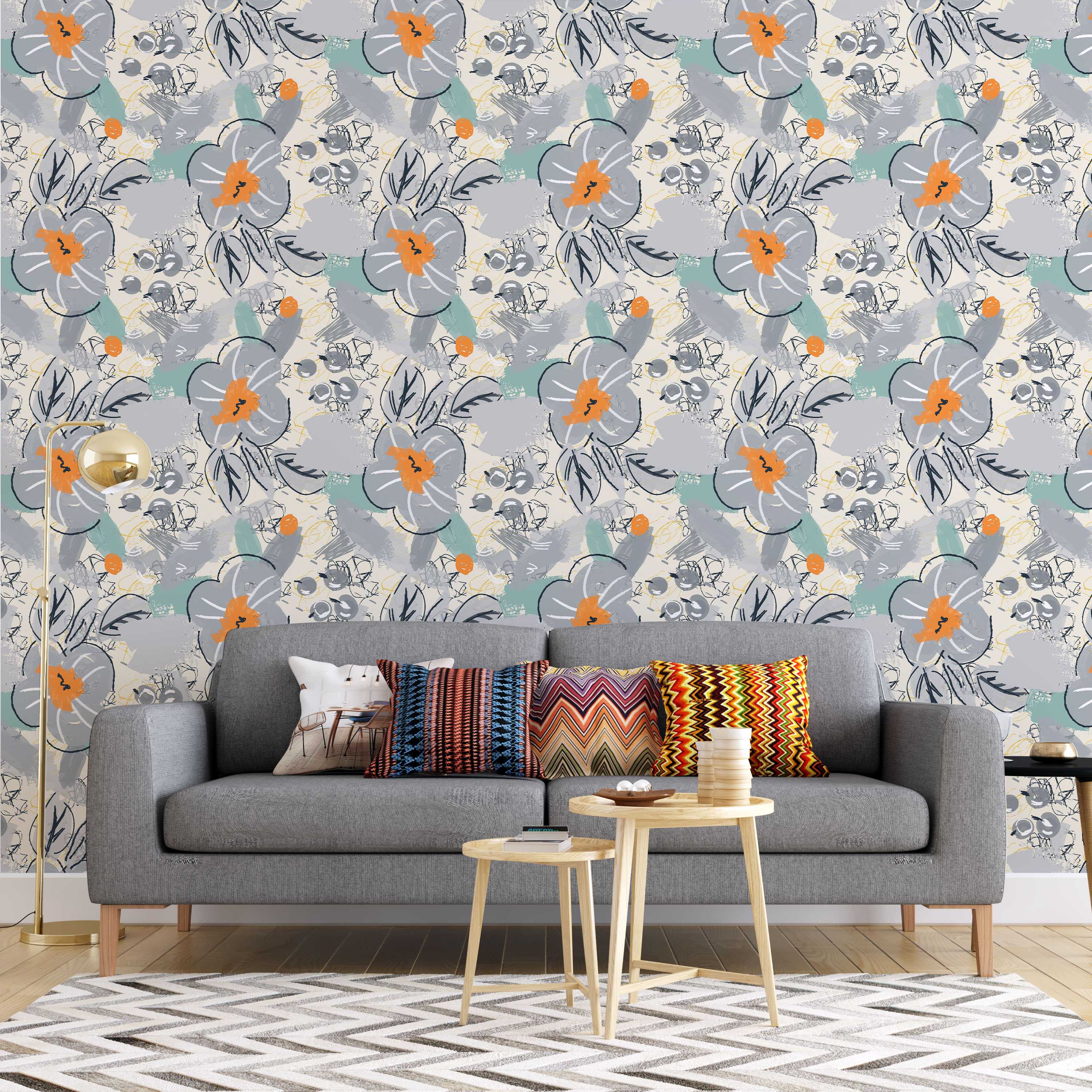 Abstract floral wallpaper with gray flowers, orange centers, teal brushstrokes, and black sketch lines on a beige background.