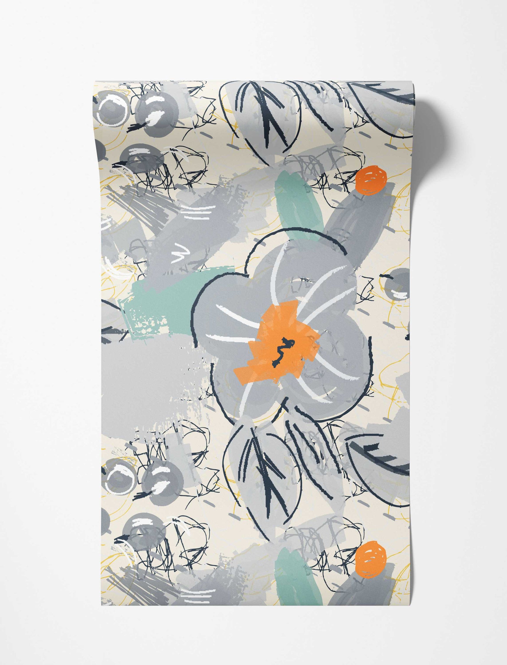 Painterly abstract floral wallpaper in grey, orange, and teal with black and yellow scribbled accents on cream.