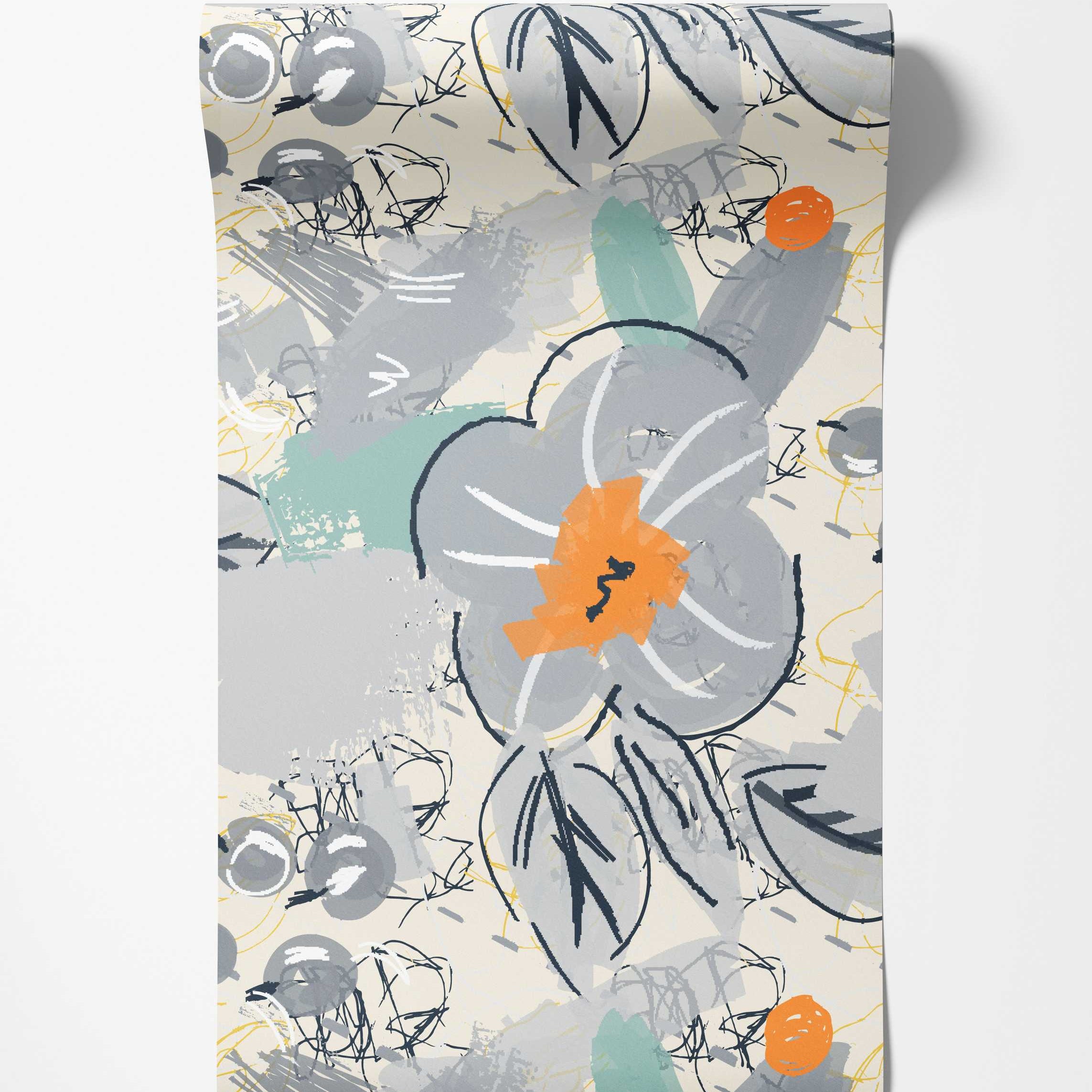 Painterly abstract floral wallpaper in grey, orange, and teal with black and yellow scribbled accents on cream.